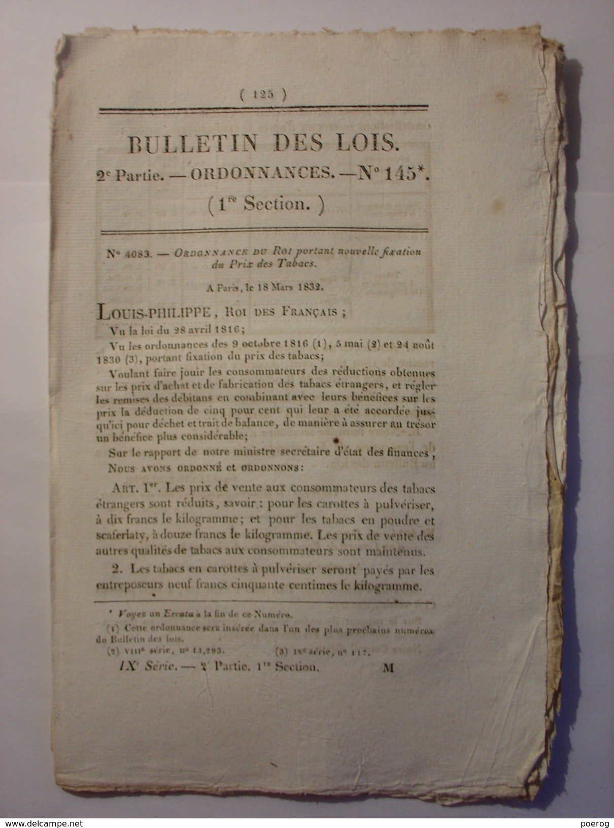 BULLETIN DES LOIS 1832 - TABAC VILLEFRANCHE CONSEIL PRUD'HOMMES PONT SUR L'AUBE A RAMERUPT CONDE SUR NOIREAU CALVADOS - Gesetze & Erlasse