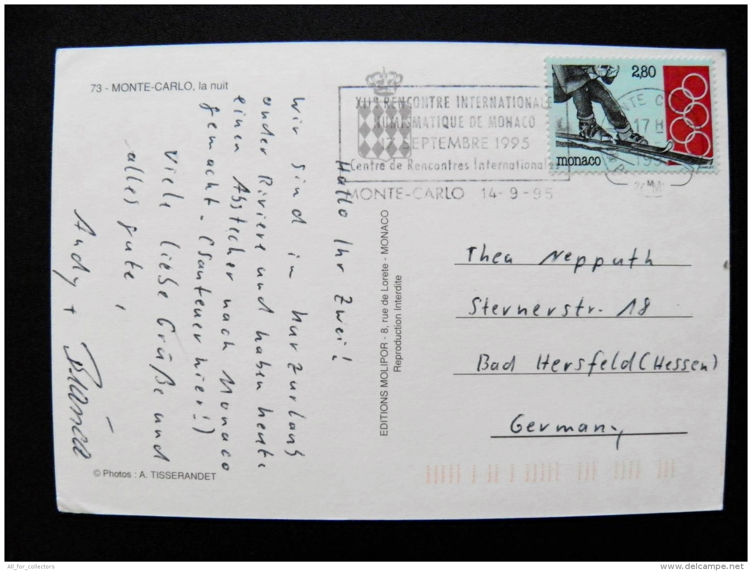 Post Card Monaco 1995 Olympic Machine Cancel Monte Carlo Slalom Speed Ski - Briefe U. Dokumente