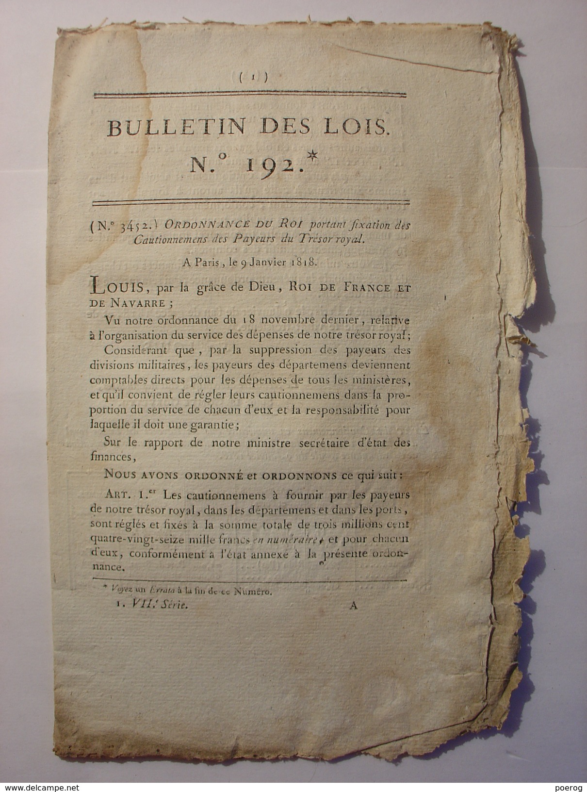 BULLETIN DES LOIS DU 17 JANVIER 1818 - SAISIE DES TABACS DE FRAUDE - Gesetze & Erlasse