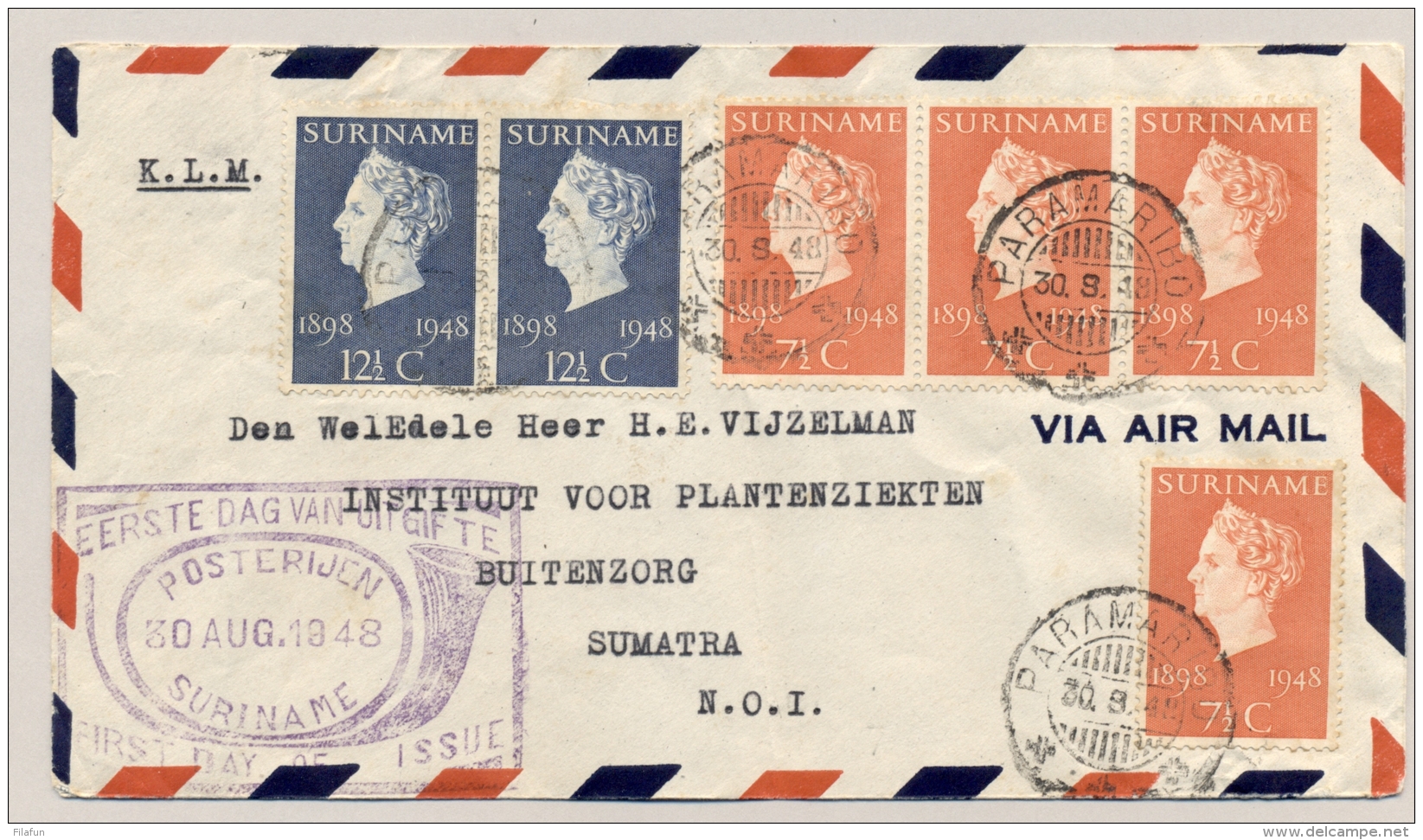 Suriname - 1948 - 6 Stuks Jubileumzegel Wilhelmina, FDC Op Cover Naar Buitenzorg / Nederlands Indië - Suriname ... - 1975