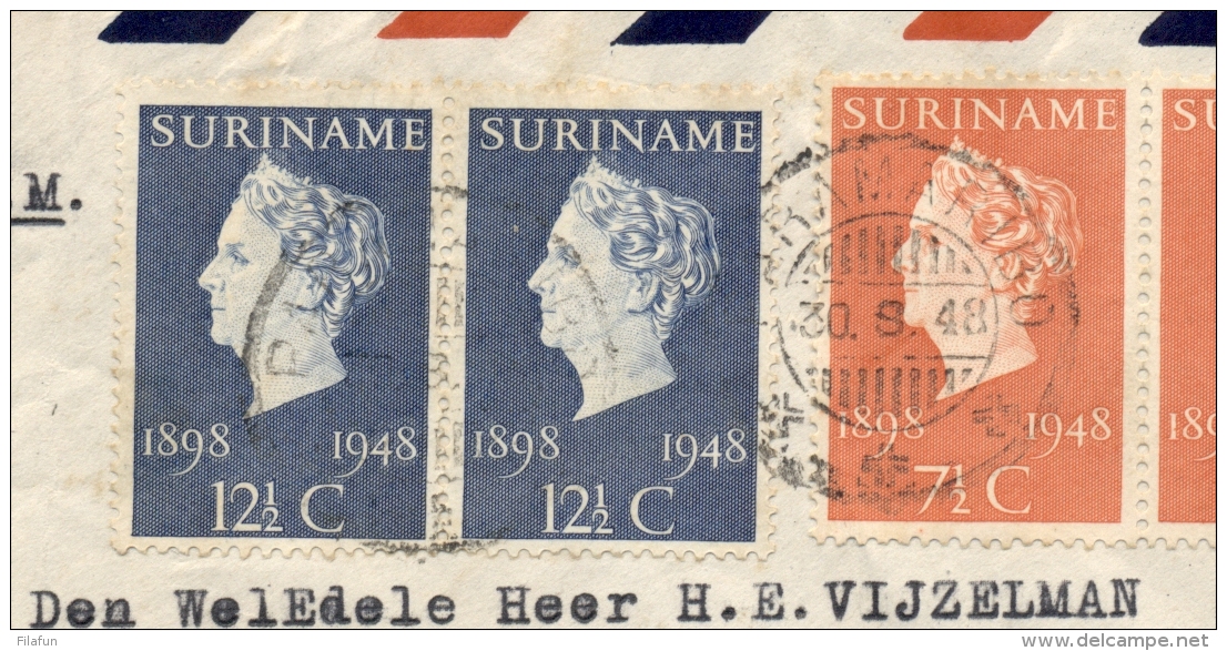 Suriname - 1948 - 6 Stuks Jubileumzegel Wilhelmina, FDC Op Cover Naar Buitenzorg / Nederlands Indië - Suriname ... - 1975