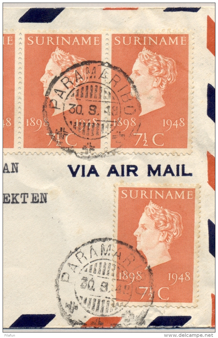 Suriname - 1948 - 6 Stuks Jubileumzegel Wilhelmina, FDC Op Cover Naar Buitenzorg / Nederlands Indië - Suriname ... - 1975