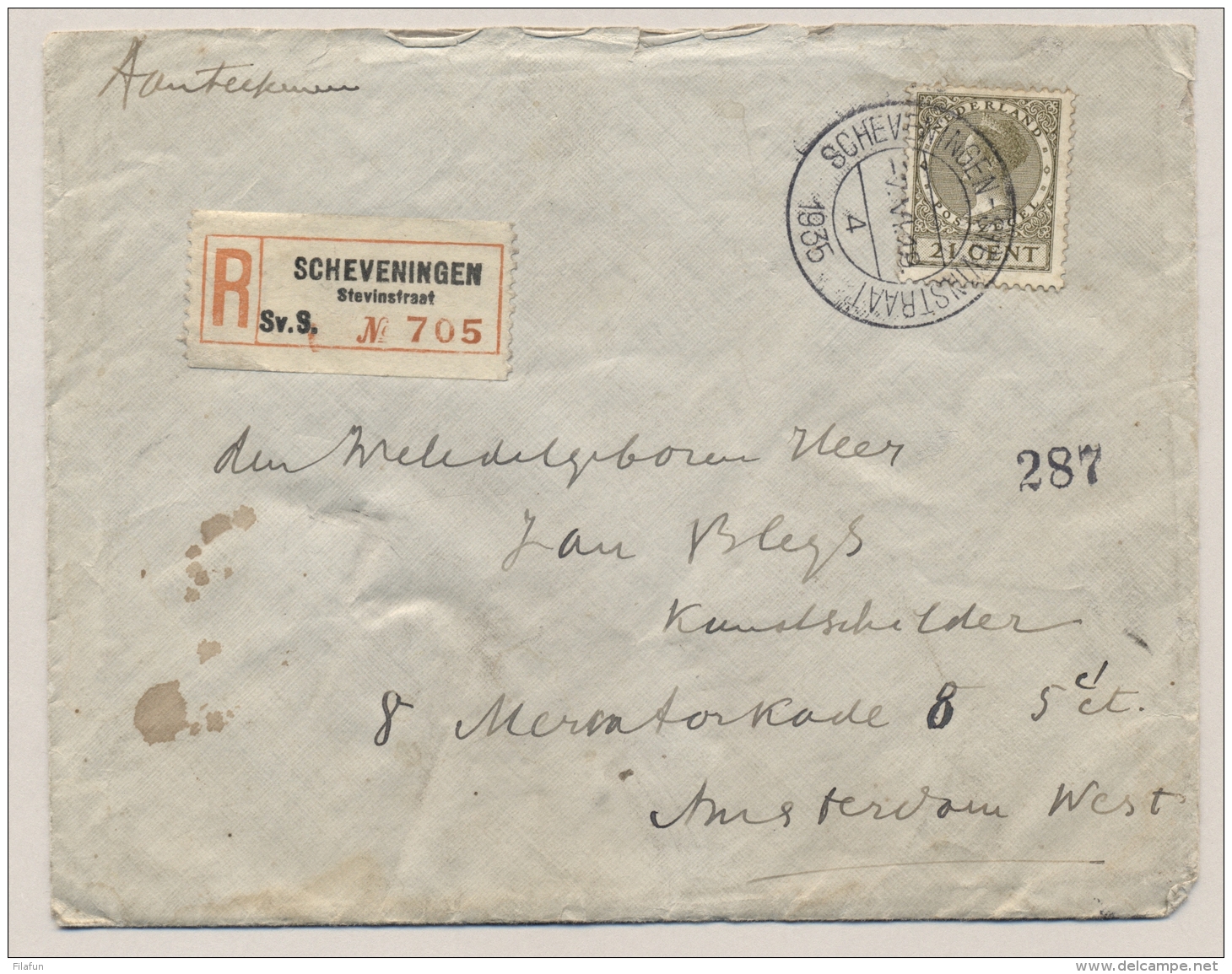 Nederland - 1935 - 21 Cent Veth Op R-cover Van Scheveningen Stevinstraat Naar Amsterdam - Brieven En Documenten