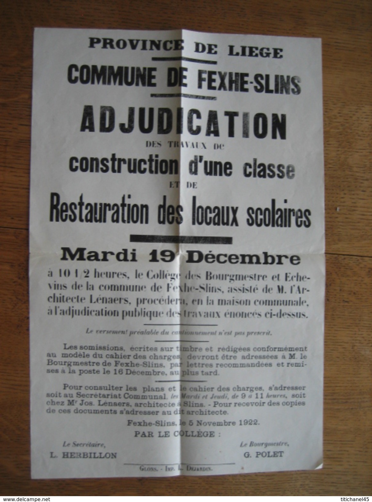 Placard 1922 Commune FEXHE-SLINS - Adjudication Des Travaux De Construction D'une Classe & Restauration Locaux Scolaires - Affiches