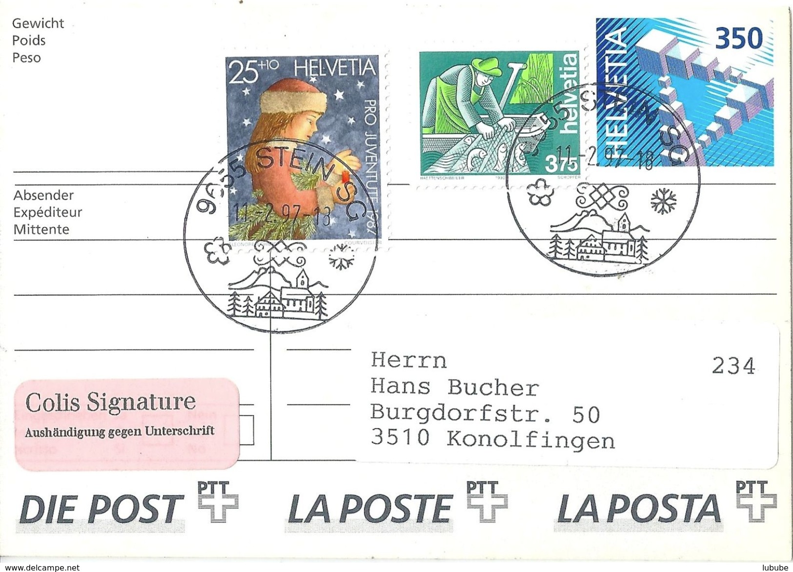 Paket Klebeetikette 2  Stein SG - Konolfingen  (Colis Signature Frankatur)        1997 - Enteros Postales