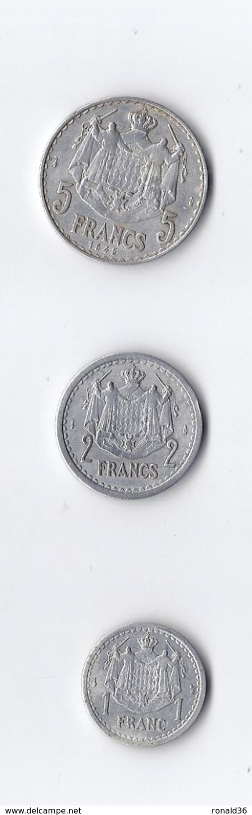 Pièce De Monnaie ( MONACO MONTE CARLO ) LOT DE 3  Louis II 5F 1945 2F 1F 1943 Effigie Et Blason - 1922-1949 Louis II