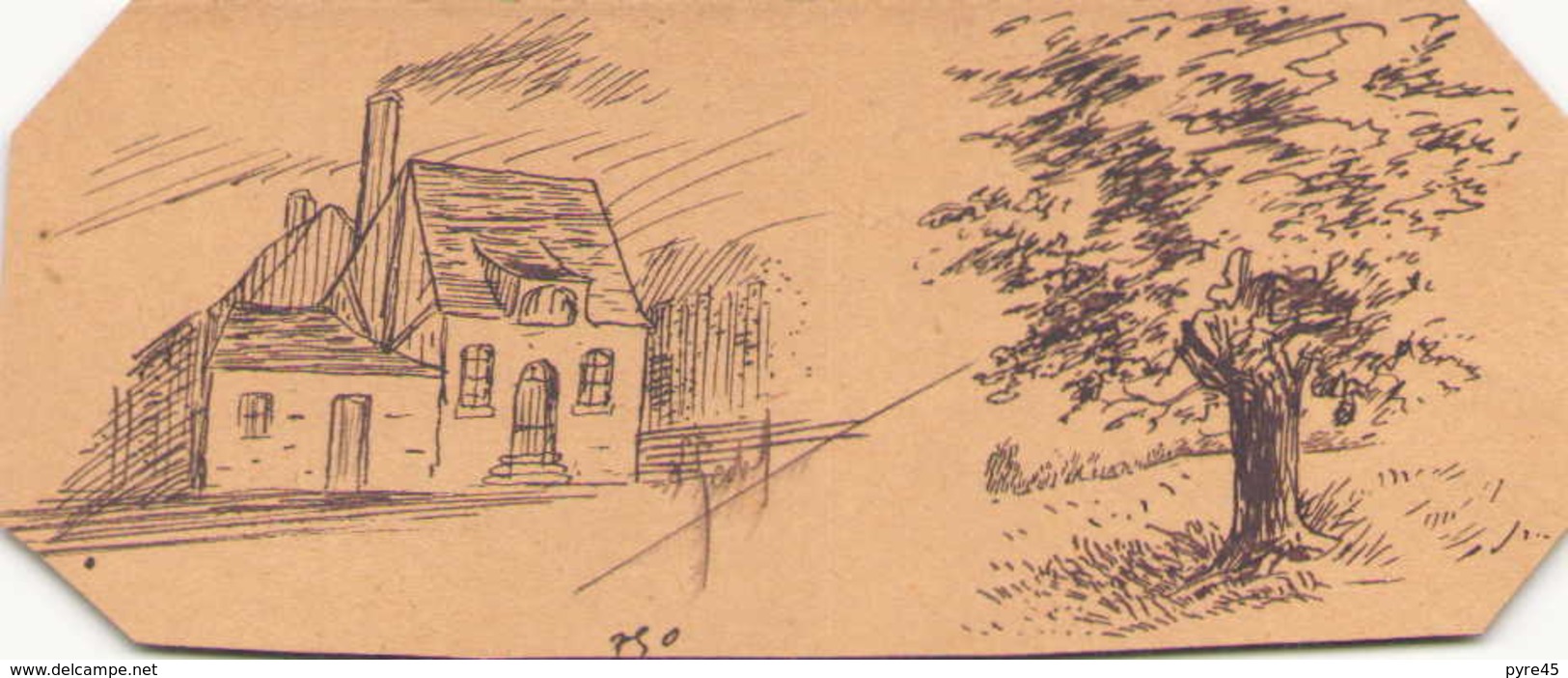 Dessin Sur Carton Encre De Chine Maison Et Arbre 12 Cm X 5 Cm - Andere & Zonder Classificatie