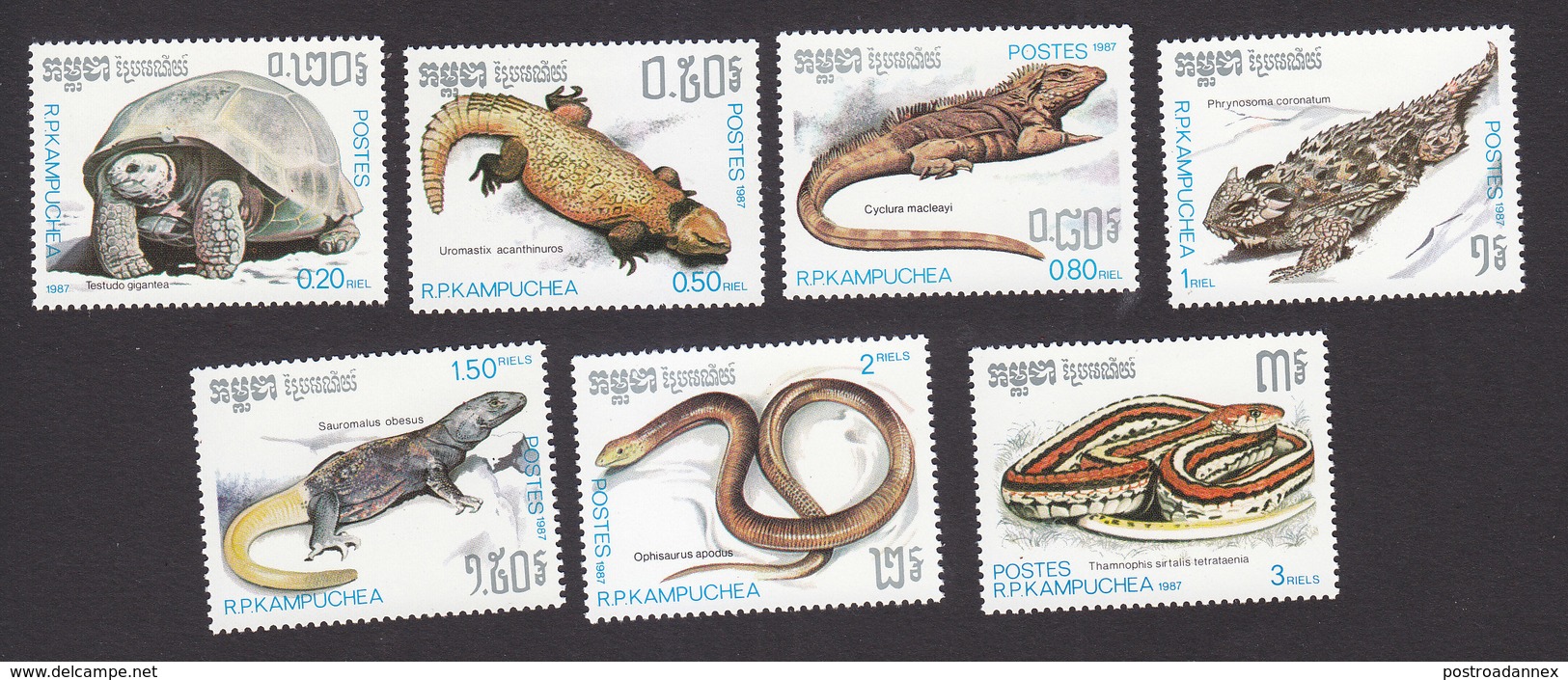 Cambodia, Scott #805-811, Mint Hinged, Reptiles, Issued 1987 - Cambodia