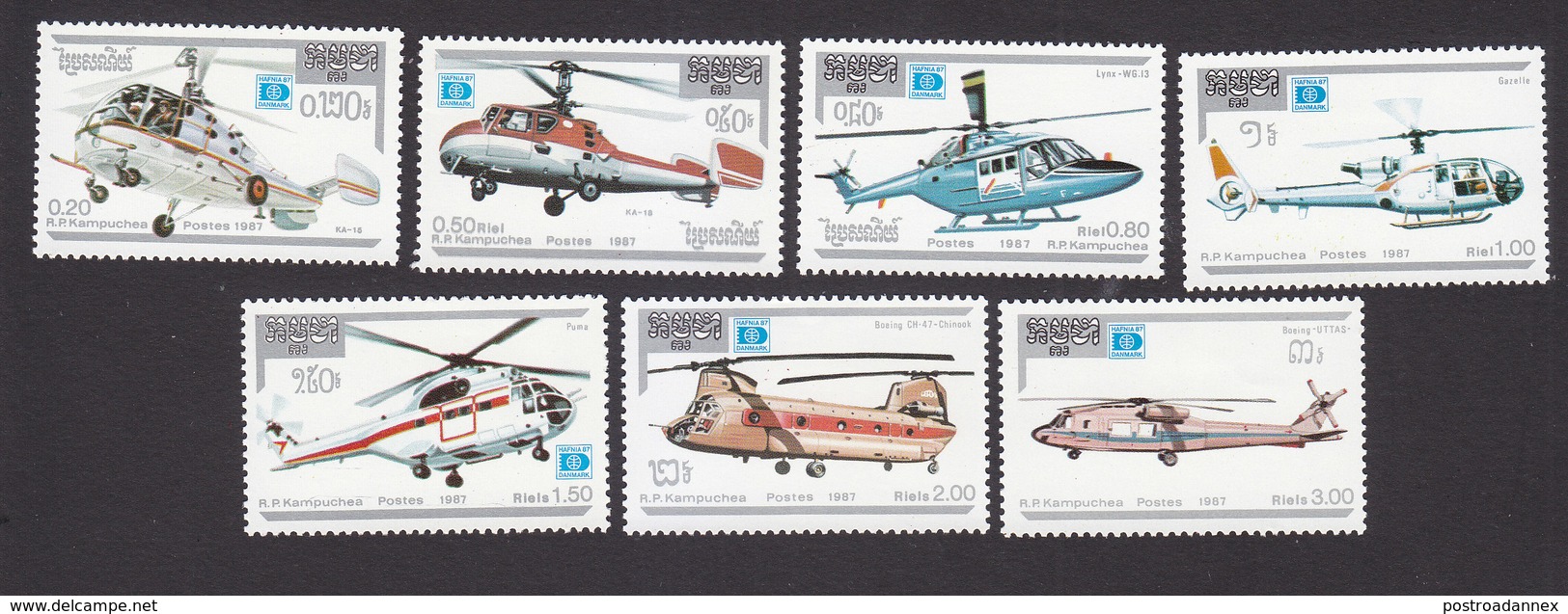 Cambodia, Scott #812-818, Mint Hinged, Helicopters, Issued 1987 - Cambodja