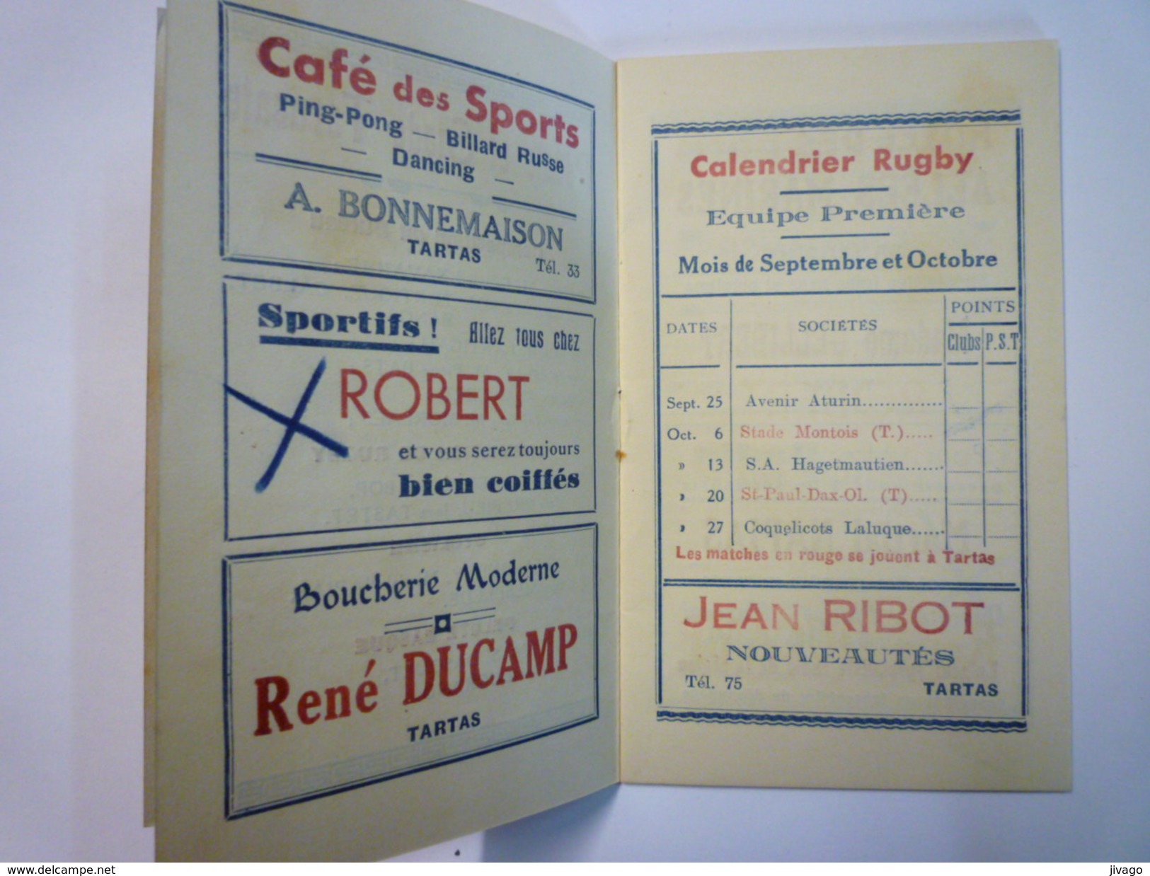 F.F.R.  U.V.F.  COTE BASQUE  -  PEDALE Et STADE TARUSATE  :  CALENDRIER  RUGBY  1935 - 1936    - Rugby