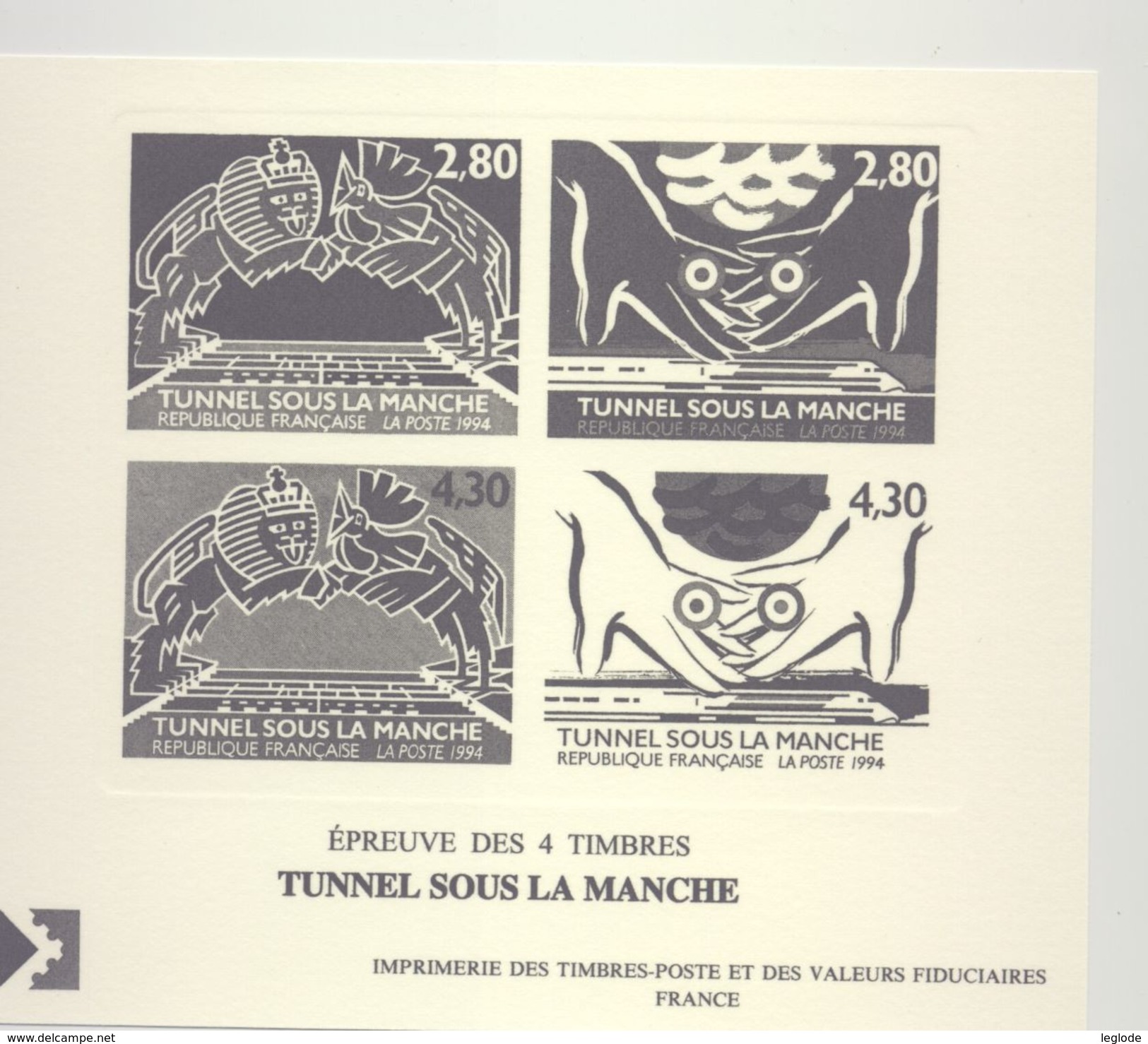Epreuve  LaPoste- Epreuve Des 4 Timbres : "Tunnel Sous La Manche" Avec L'illustration Des N°2880 Et 2883 (1994) - Sonstige & Ohne Zuordnung