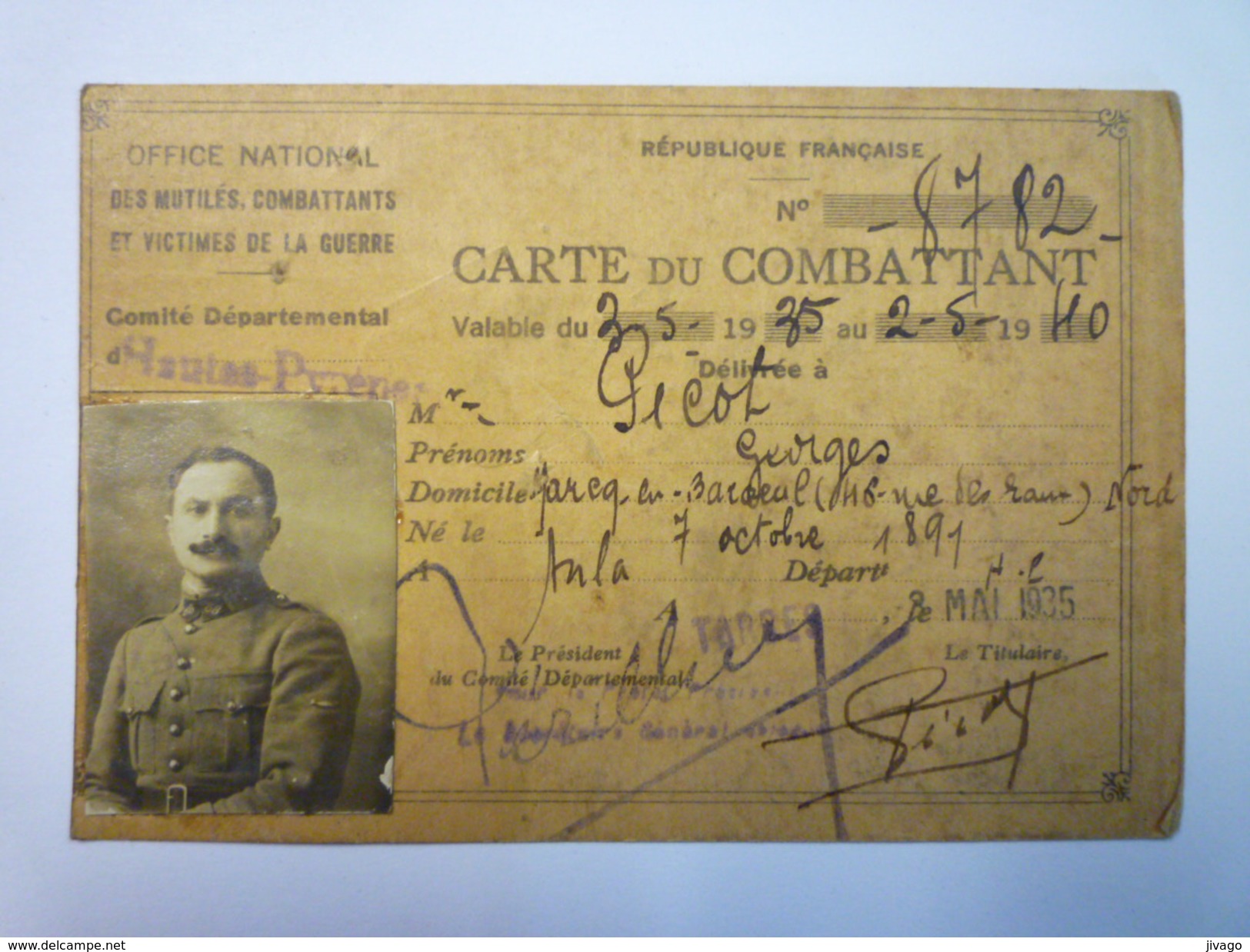 CARTE Du COMBATTANT  De Georges  PICOT   1935    - Documents