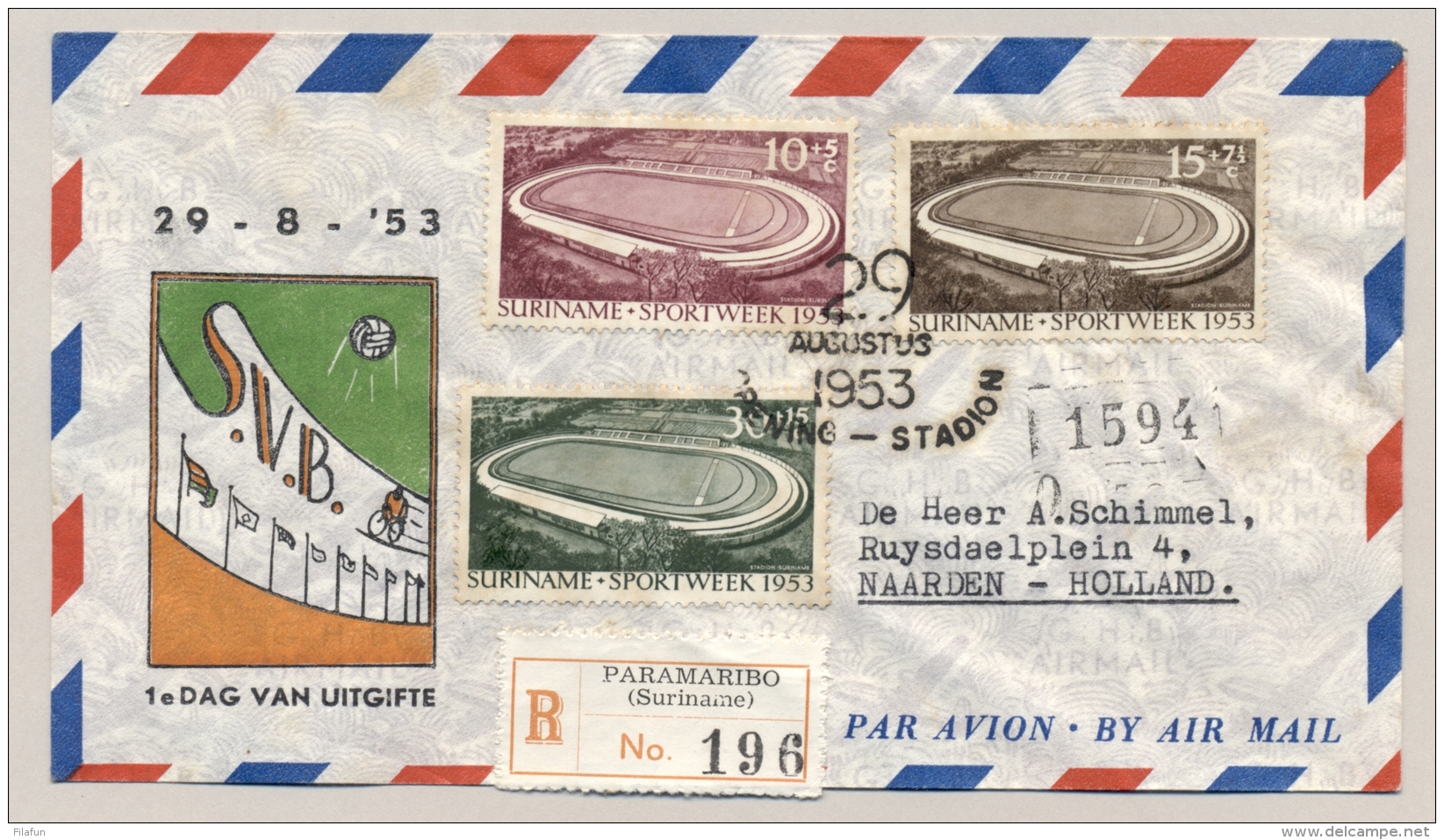 Suriname - 1953 - Serie Opening Stadion Paramaribo Op  R-FDC Naar Naarden - Atletiek Athletics Sport - Suriname ... - 1975