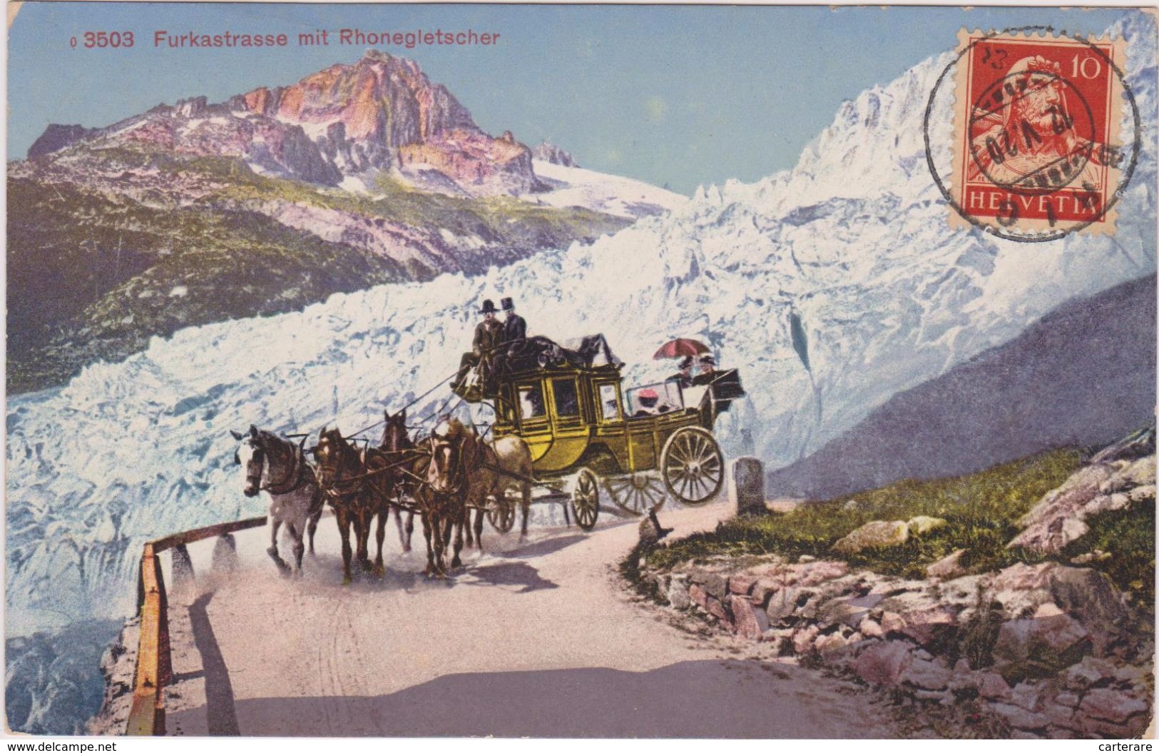 Cpa,1920,authentique,avec Timbre Helvetia,furkastrasse Mit Rhonegletscher,la Diligence De Luxe Enpleine Vitesse ,suisse - Other & Unclassified