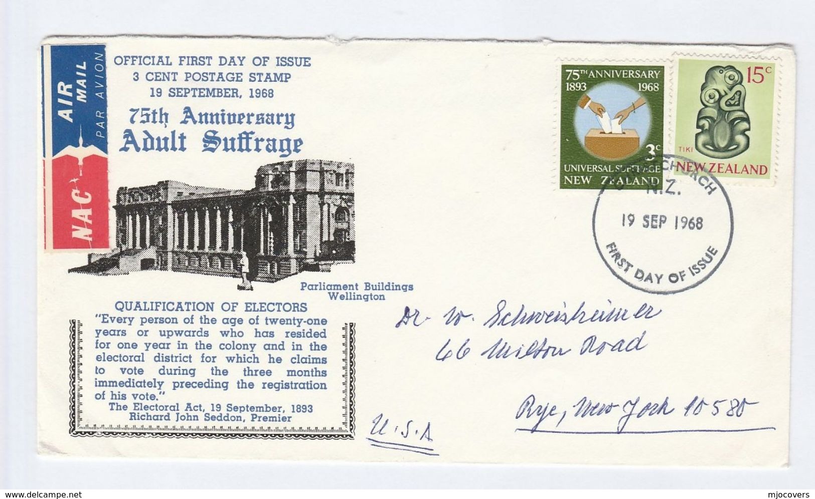 1968 NAC Air Mail  NEW ZEALAND FDC  Stamps SUFFERAGE, Tiki ,  To USA, Airmail Label Flight Aviation Cover - FDC