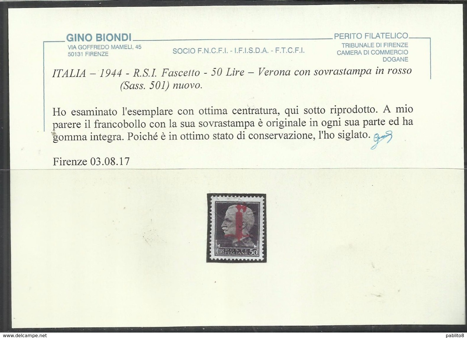 ITALY KINGDOM ITALIA REGNO 1944 REPUBBLICA SOCIALE RSI EMISSIONE DI VERONA LIRE 50 MNH BEN CENTRATO CERTIFICATO - Nuovi