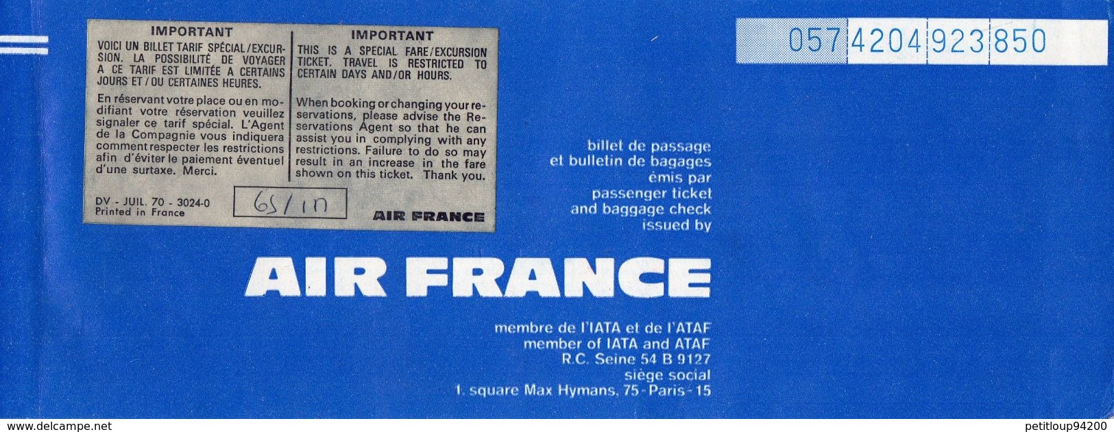 AIR FRANCE Billet De Passage Et Bulletin De Bagages  Passenger Ticket And Baggage Check 1975 - Tickets