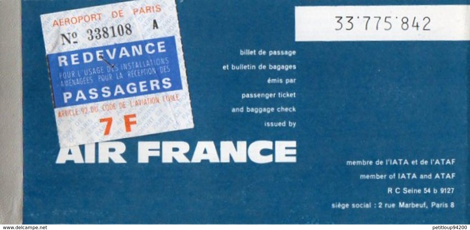 AIR FRANCE Billet De Passage Et Bulletin De Bagages  Passenger Ticket And Baggage Check 1965 - Tickets