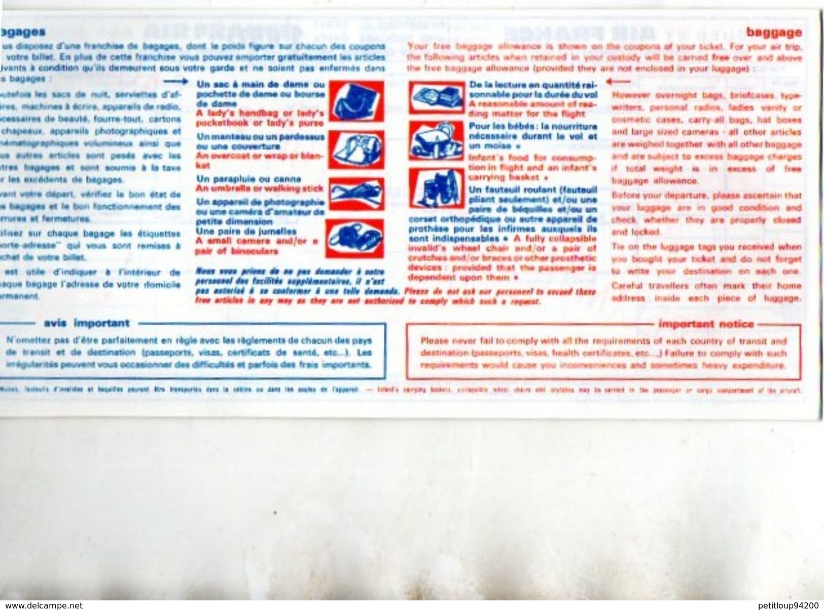 AIR FRANCE Billet De Passage Et Bulletin De Bagages  Passenger Ticket And Baggage Check 1965 - Tickets