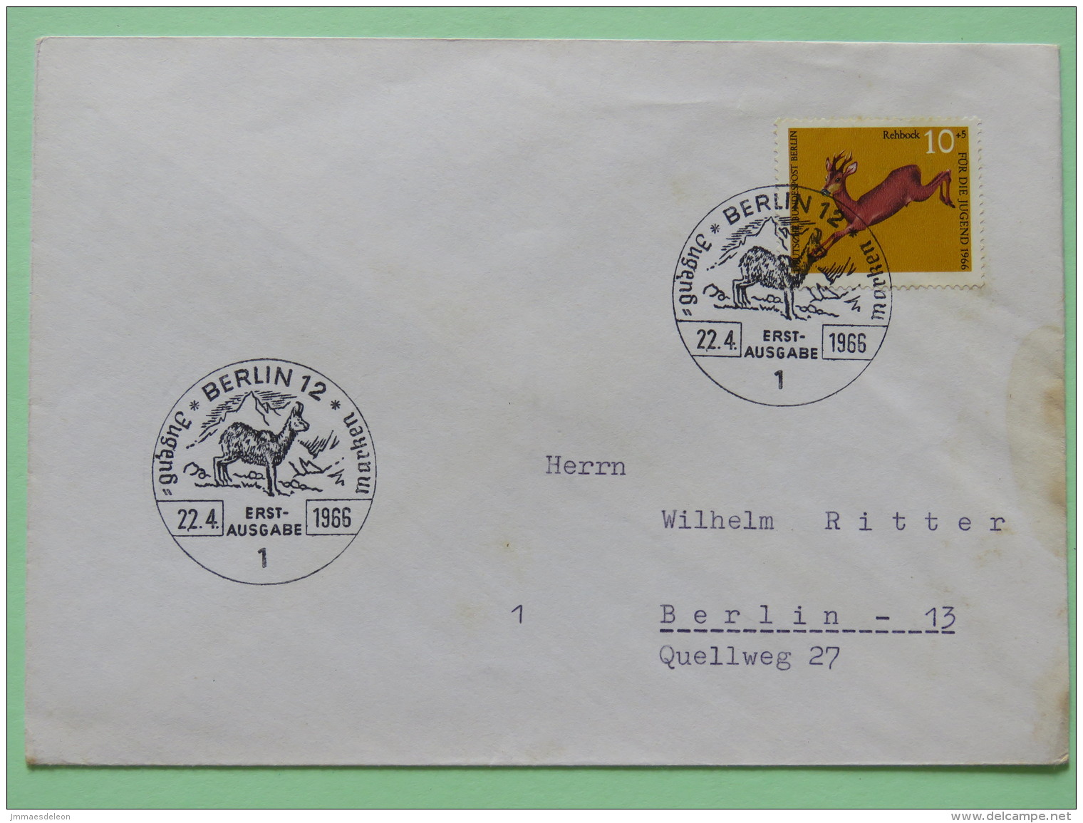 Germany (Berlin) 1966 FDC Cover - Animal - Deer - Chamois Cancel - Covers & Documents