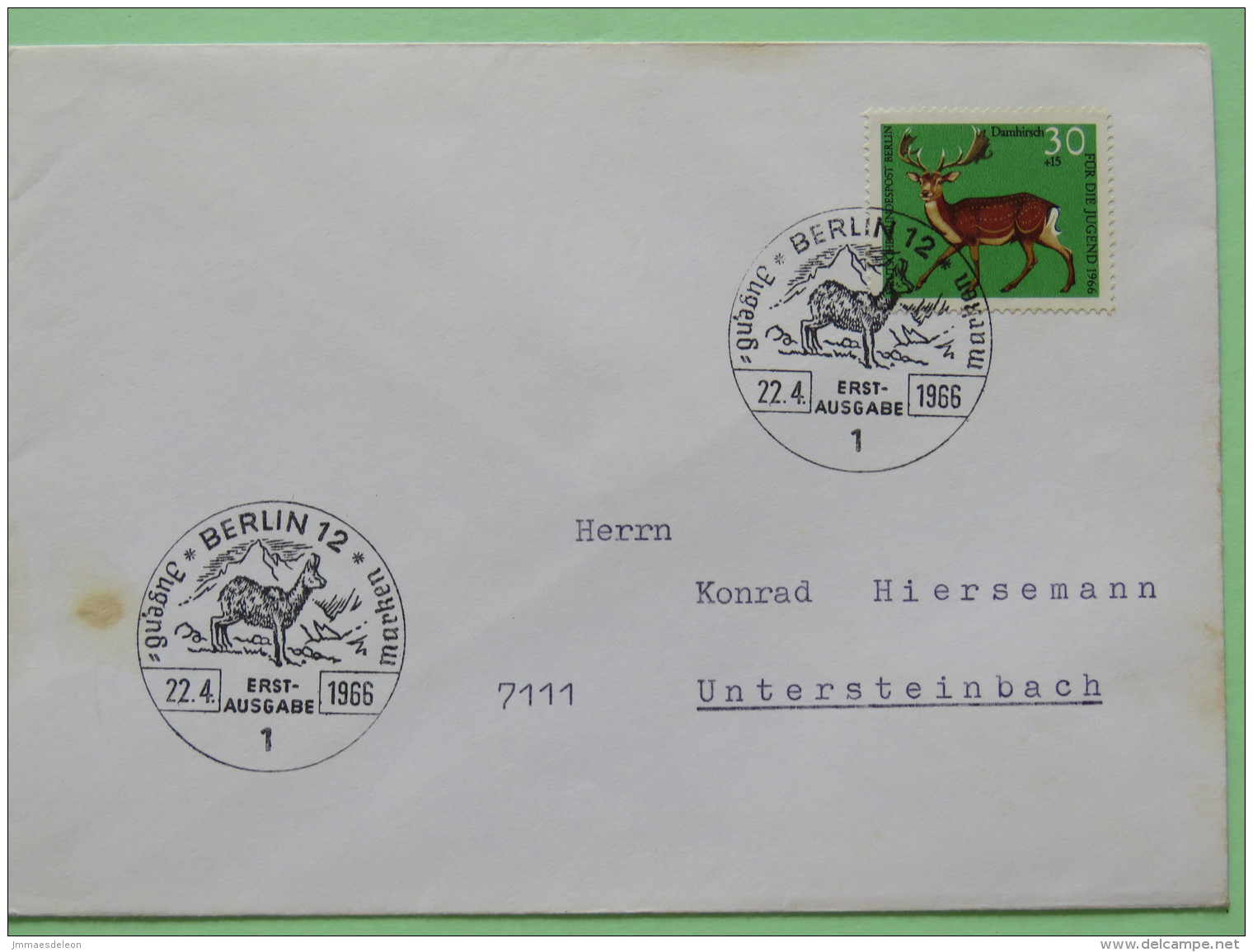 Germany (Berlin) 1966 FDC Cover - Animal - Fallow Deer - Chamois Cancel - Covers & Documents