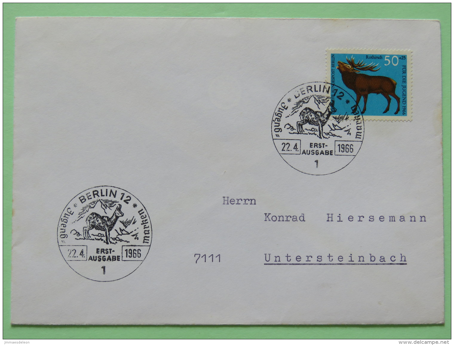 Germany (Berlin) 1966 FDC Cover - Animal - Red Deer - Chamois Cancel - Covers & Documents