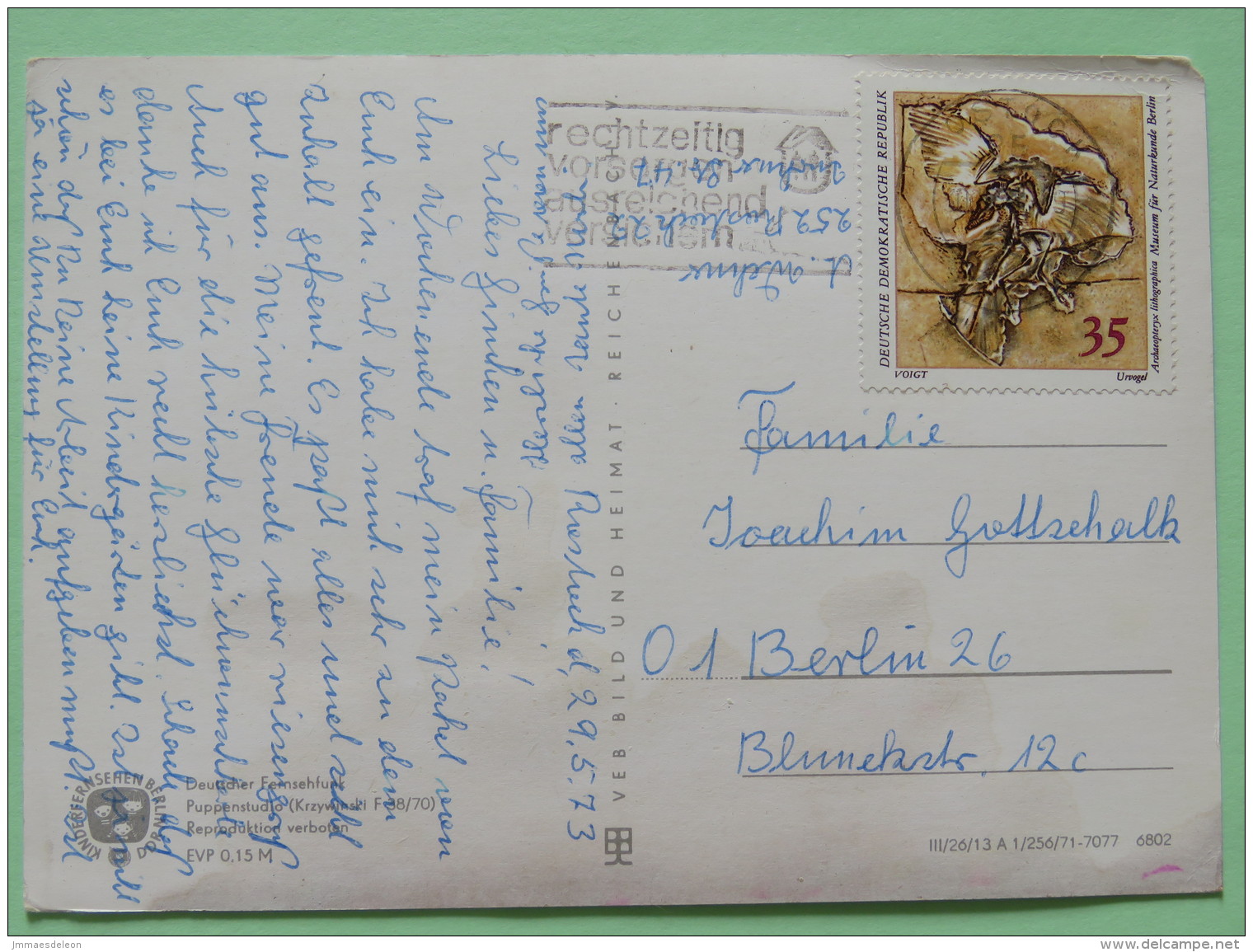 Germany (DDR) 1973 Postcard ""comics Diver And Dolphin"" To Berlin - Fossil Bird Archaeopteryx - Lettres & Documents