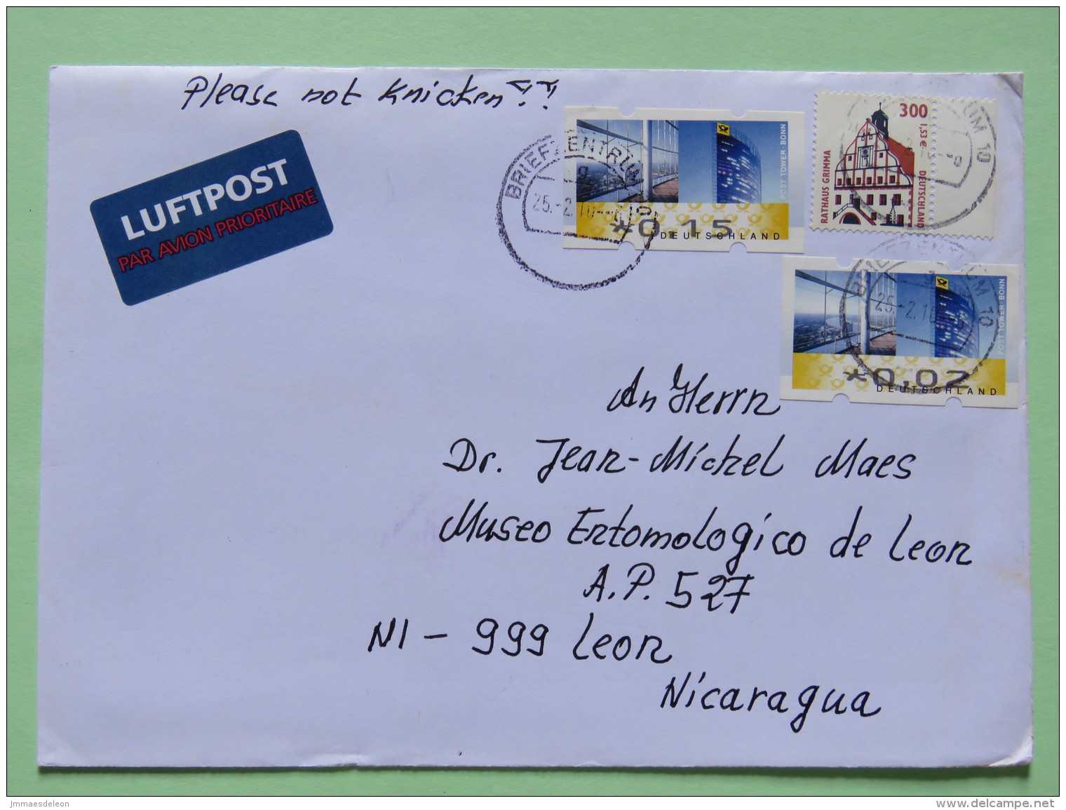 Germany 2010 Cover To Nicaragua - House - Franking Labels - Covers & Documents