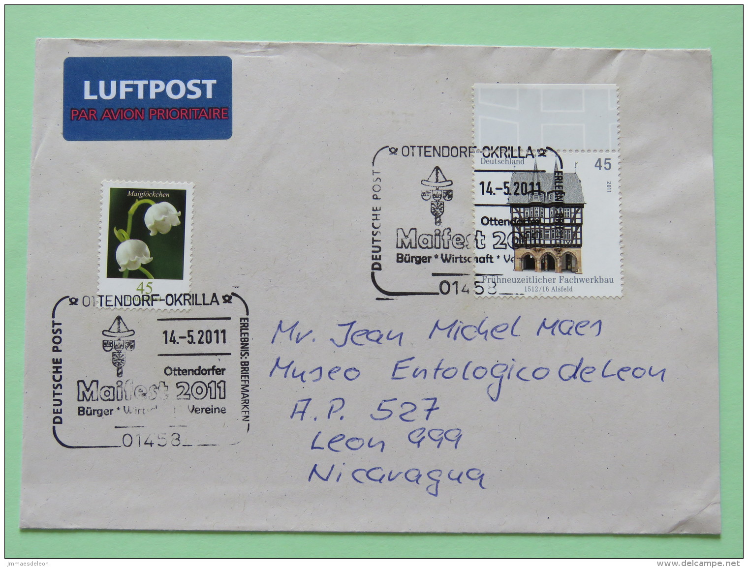 Germany 2011 Special Cancel Maifest On Cover To Nicaragua - House - Flower - Covers & Documents