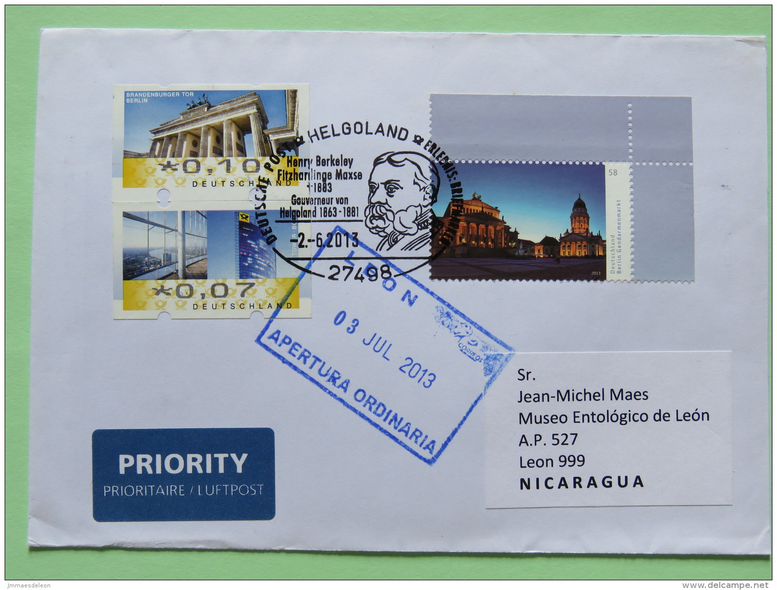 Germany 2013 Special Cancel Helgoland On Cover To Nicaragua - Church - Franking Labels - Brandenburg Door - Covers & Documents
