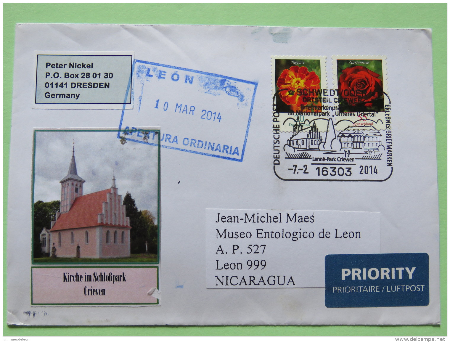 Germany 2014 Special Cancel Schwedtvoder On Cover To Nicaragua - Flowers - Church - Covers & Documents