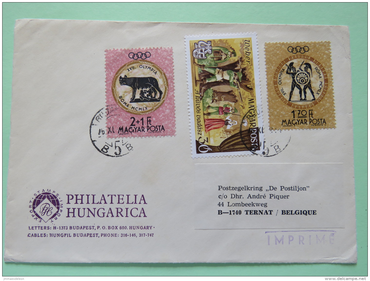 Hungary 1967 Cover Budapest To Belgium - Olympic Games Roma - Swordsmen - Theatre Weber - Wolf - Covers & Documents