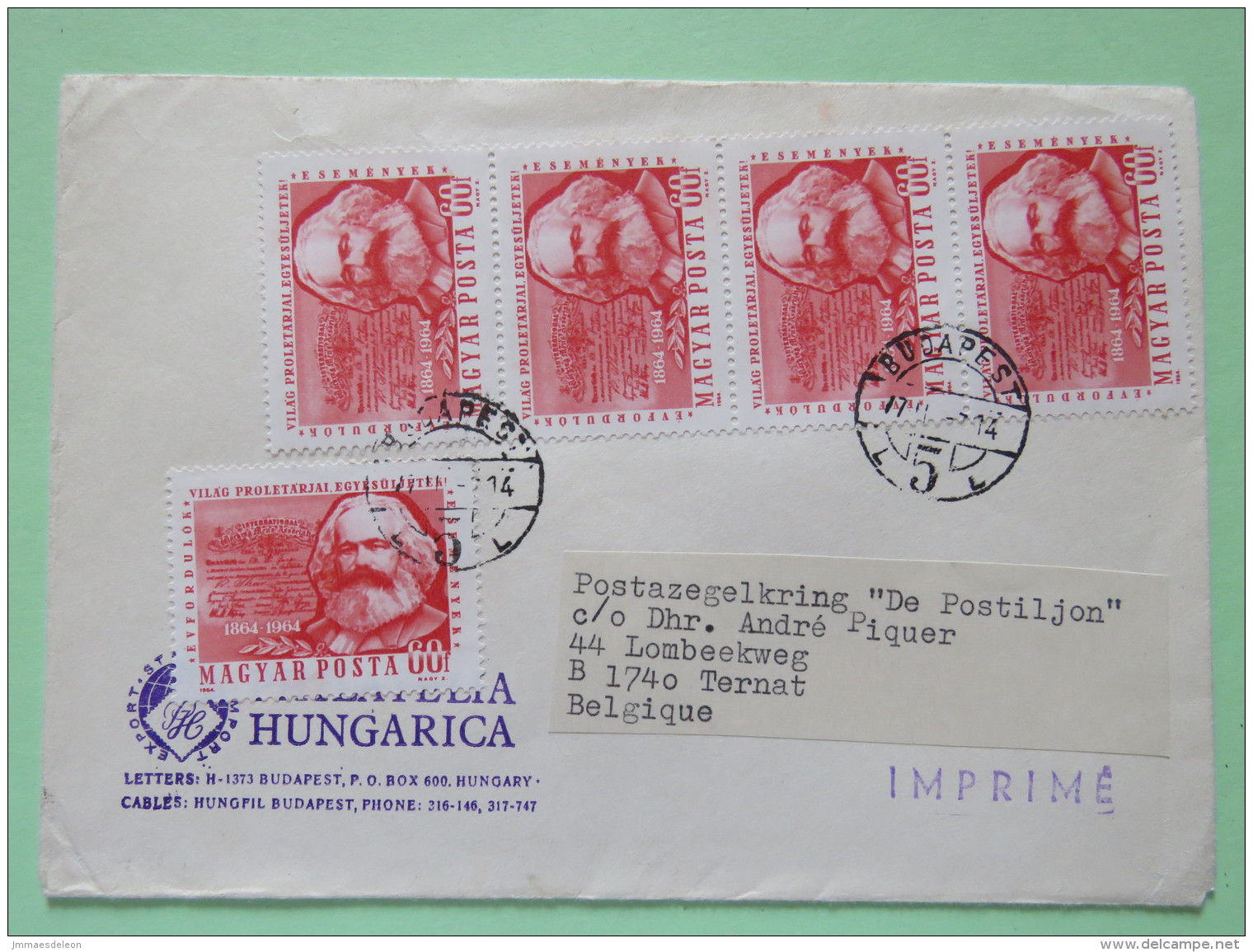 Hungary 1964 Cover Budapest To Belgium - Karl Marx (5x) - Covers & Documents