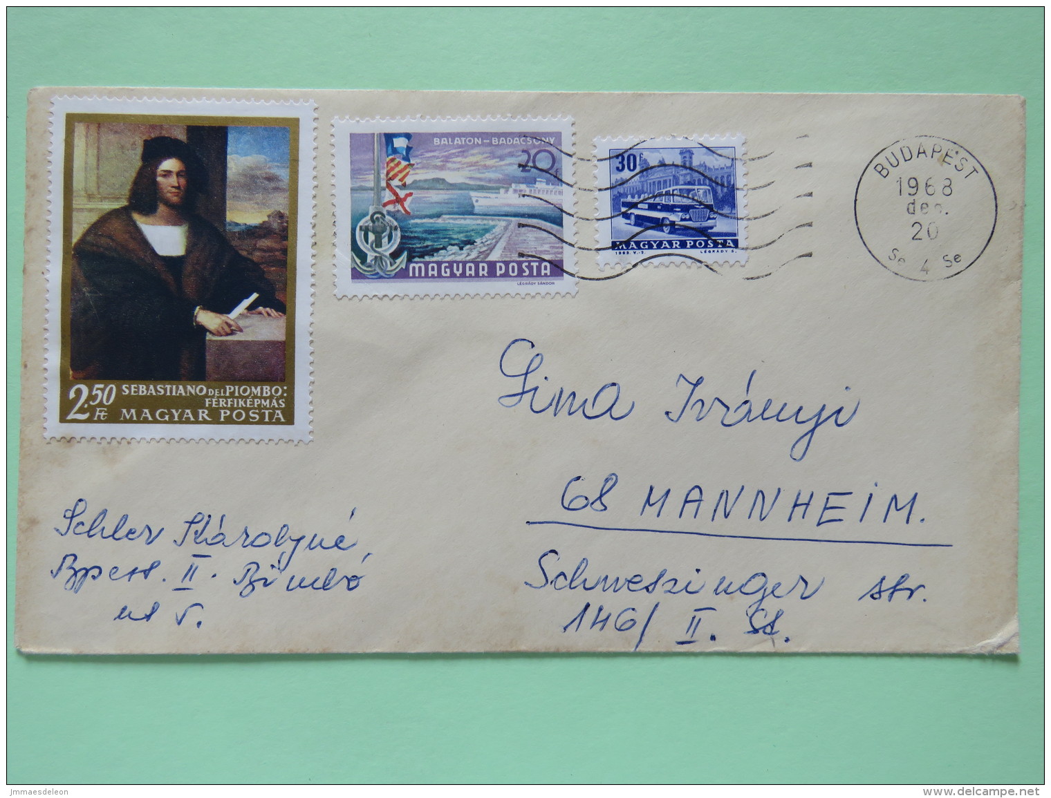 Hungary 1968 Cover Budapest To Mannheim - Bus - Balaton Lake - Ship - Painting Sebastiano Del Piombo - Covers & Documents