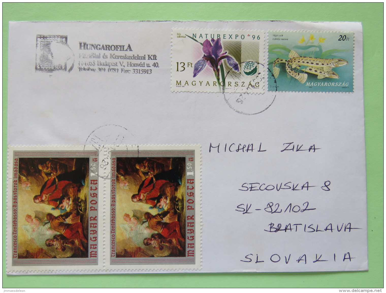 Hungary 2001 Cover Budapest To Slovakia - Paintings Contebasso - Flower - Fish - Brieven En Documenten