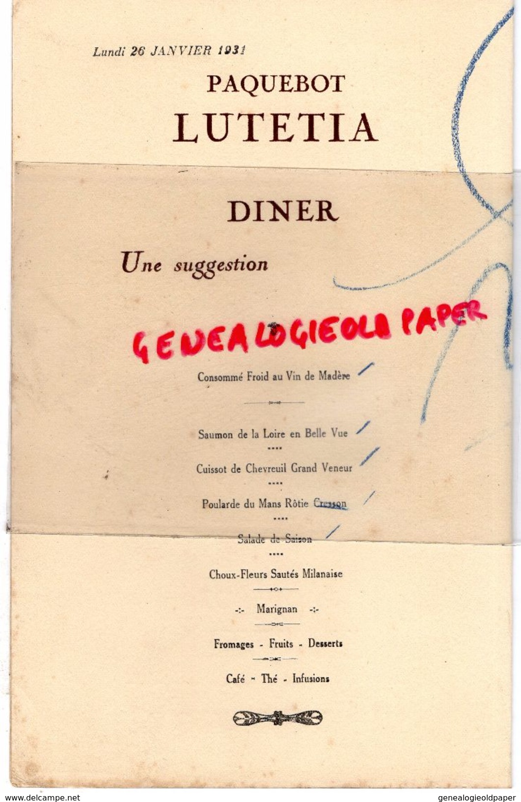 86- CHARROUX- MENU PAQUEBOT LUTETIA-COMPAGNIE NAVIGATION SUD ATLANTIQUE- TOUR CHARLEMAGNE- 26 JANVIER 1931 - Menus