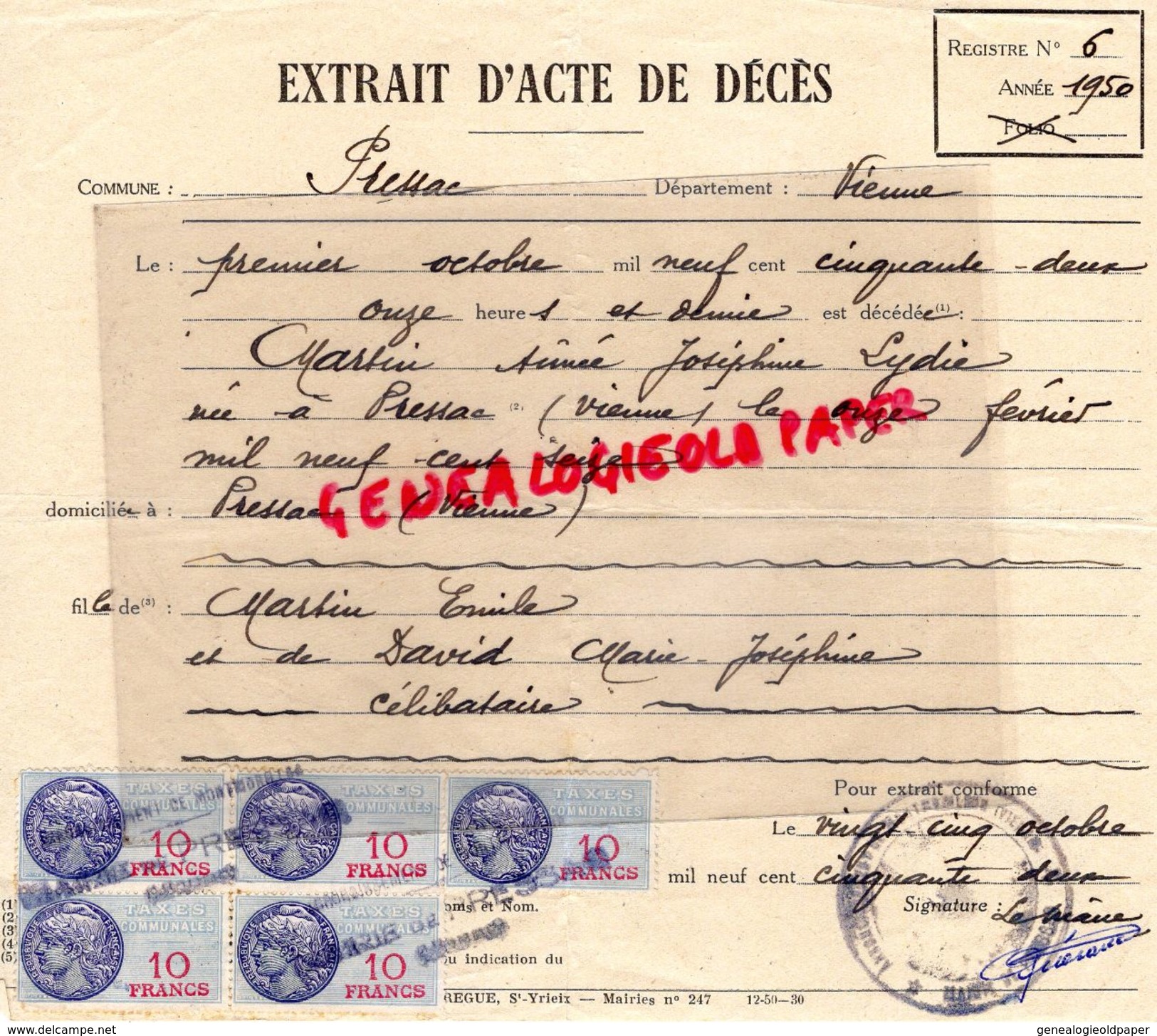 86- PRESSAC- EXTRAIT ACTE DE DECES- 1952- CHARSIN AINE JOSEPHINE - Historical Documents