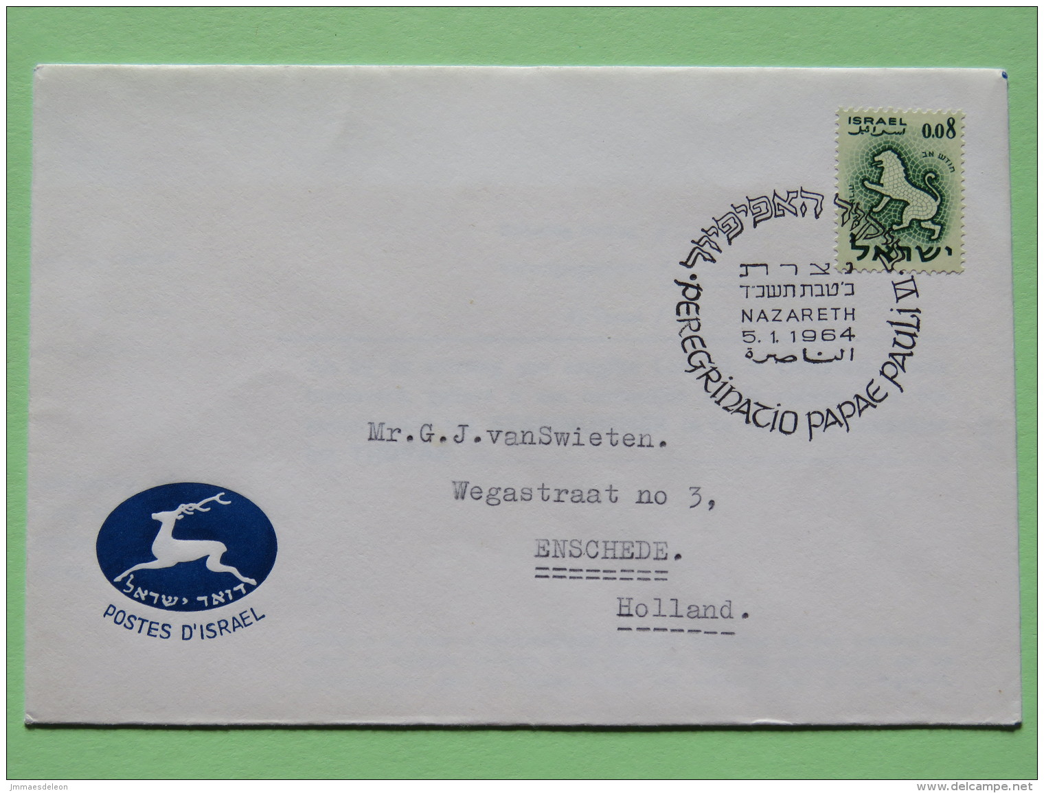 Israel 1964 Special Cover To Holland - Pilgrimage Of Pope Paul VI To Nazareth - Lion Zodiac - Covers & Documents