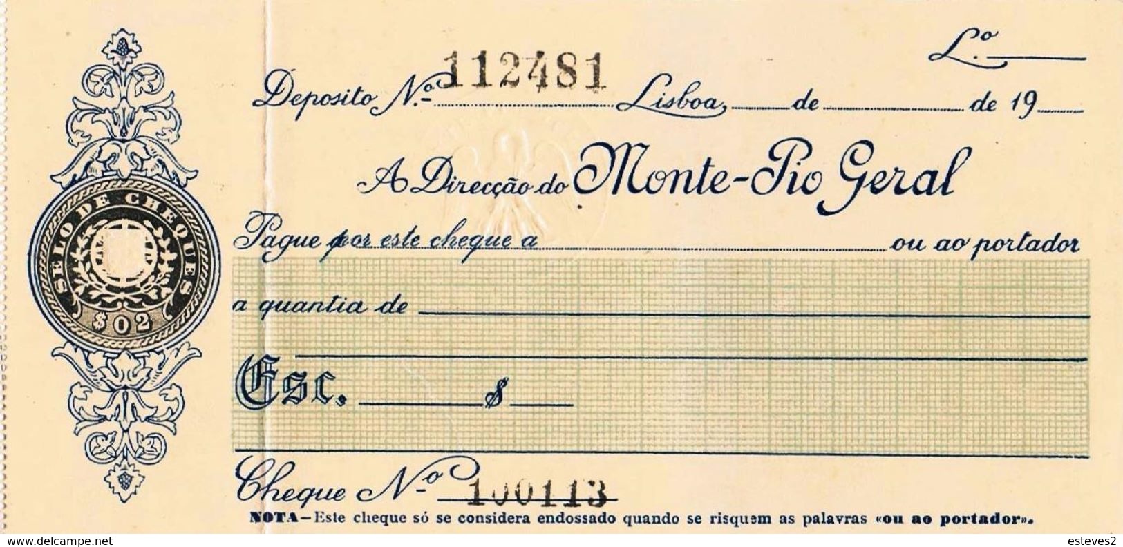 Portugal , Cheque , Check , 1929 , Monte-Pio Geral - Assegni & Assegni Di Viaggio