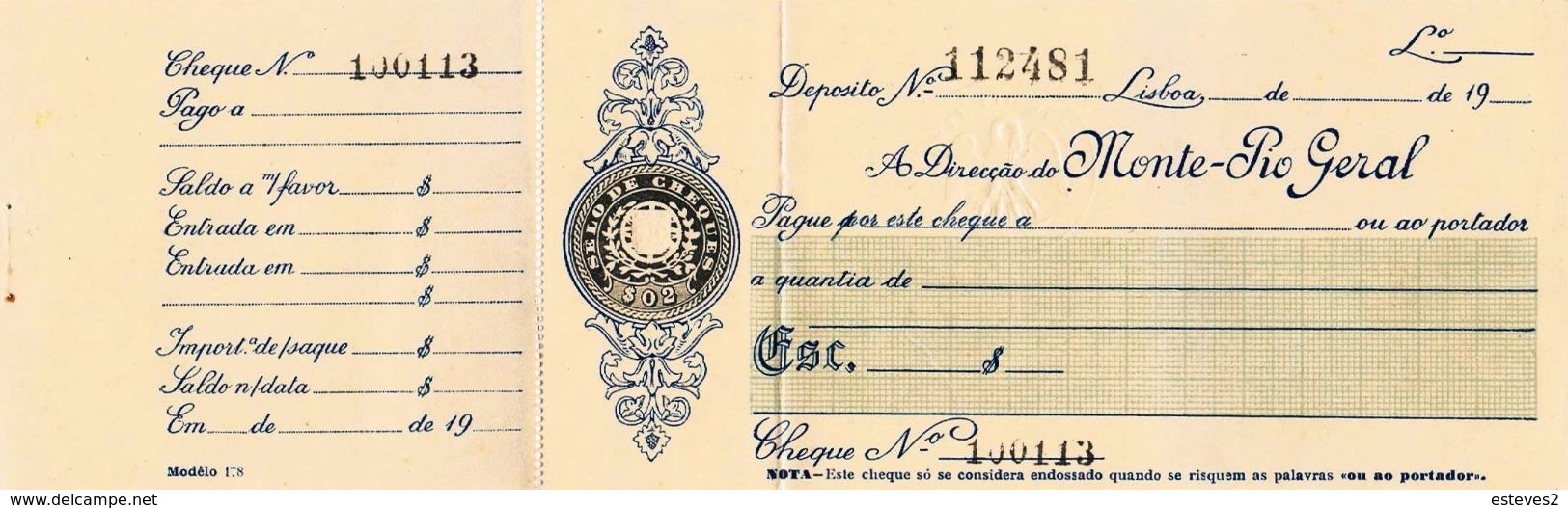 Portugal , Cheque , Check , 1929 , Monte-Pio Geral - Assegni & Assegni Di Viaggio