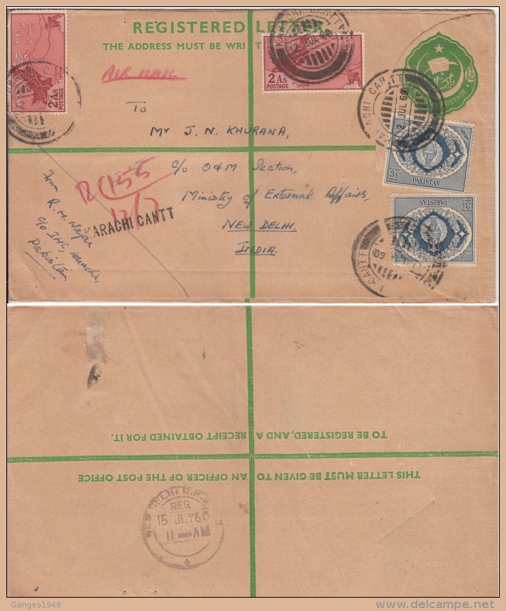 Pakistan  4A  Registered  Stationary Envelope To India   #  98775    Inde Indien - Pakistan