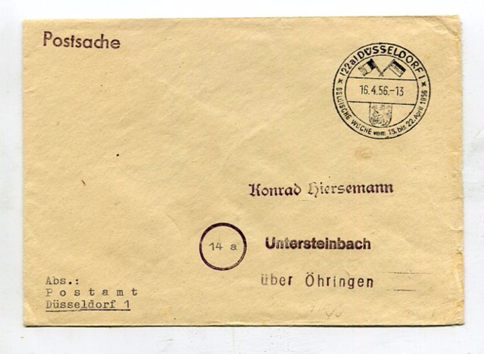 Bundesrepublik Deutschland / 1956 / Bf. (Postsache) SSt. Duesseldorf "Belgische Woche" (18163) - Briefe U. Dokumente