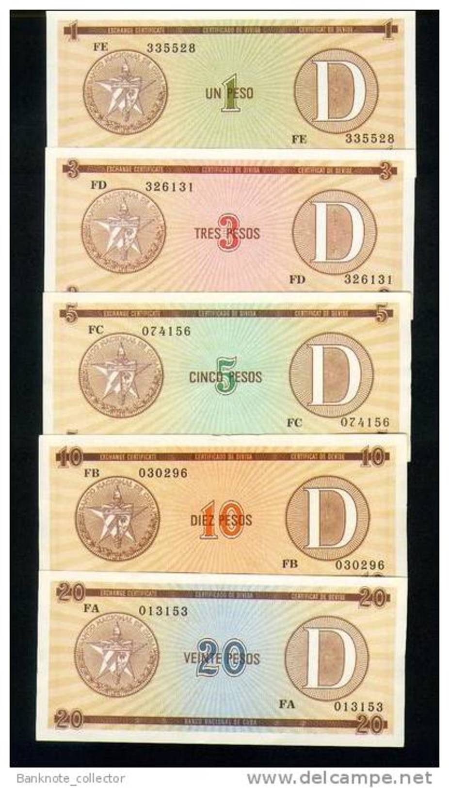 KUBA - CUBA - FOREIGN EXCHANGE CERTIFICATE, Serie D, Set, Pick Nr. FX27 - FX31  UNC ! - Cuba