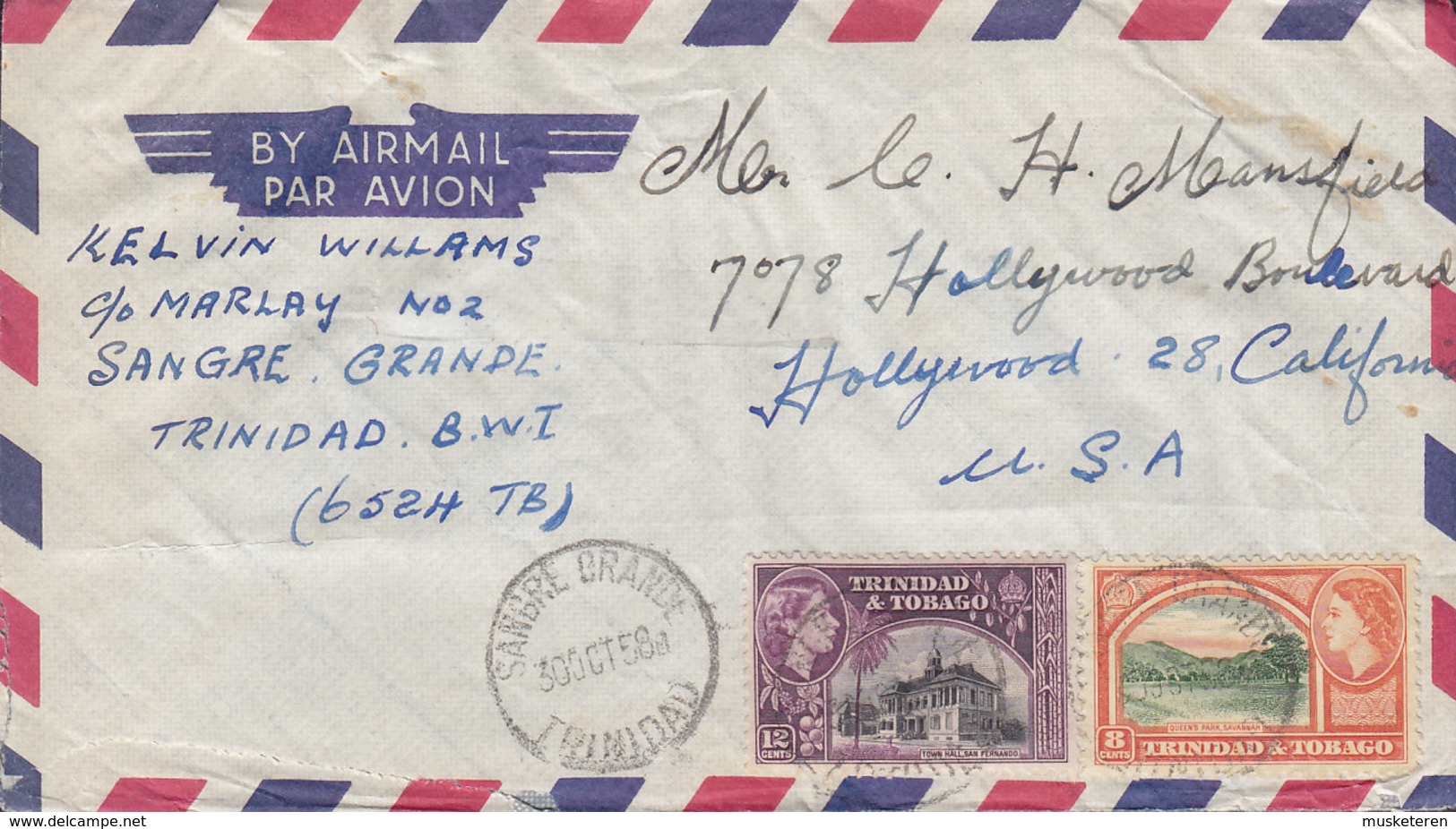 Trinidad & Tobago Luftpost SANGRE GRANDE 1956 Cover Brief USA 8c. & 12c. QEII Stamps - Trinidad En Tobago (...-1961)