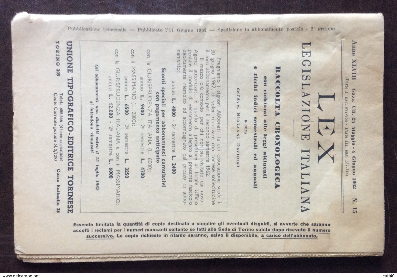 LEX LEGISLAZIONE ITALIANA   N. 15 DEL 1962 - Società, Politica, Economia