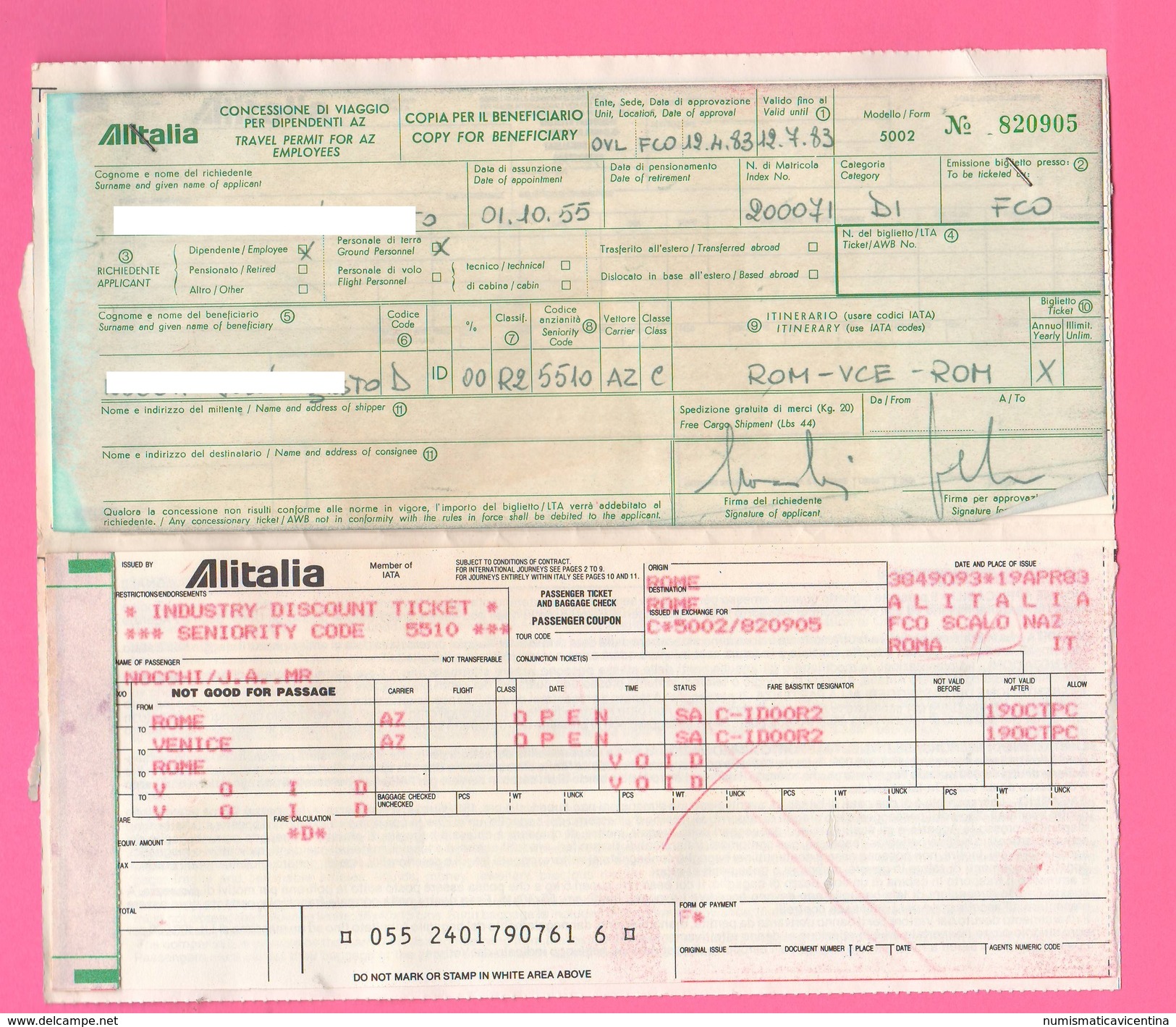 Alitalia Avion Flight Carta D'imbarco Biglietto 1983 Roma Venezia Roma - Europe