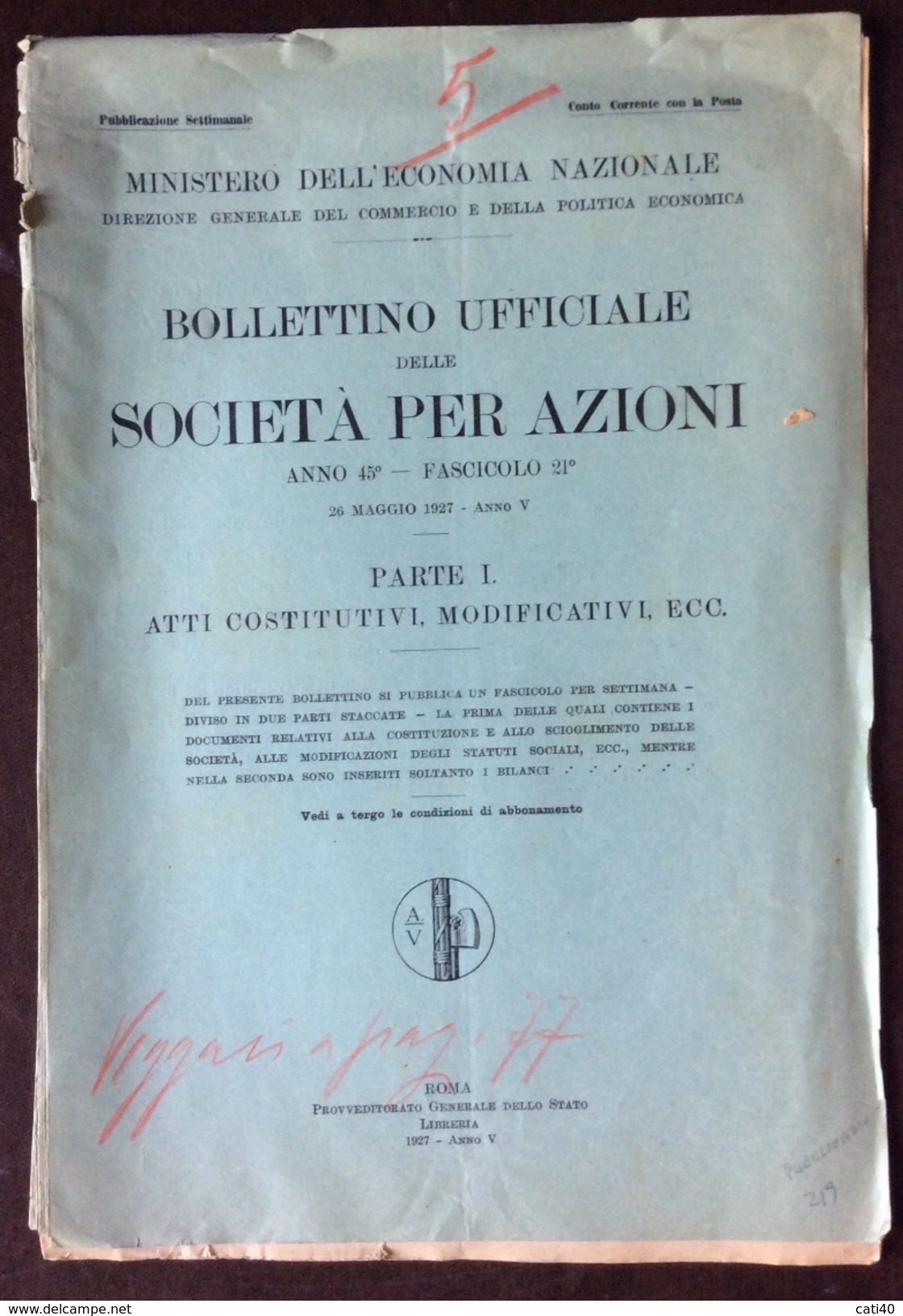 FASCISMO MINISTERO ECONOMIA NAZIONALE  BOLLETTINO UFFICIALE  DELLE SOC. PER AZIONI 28/5/1927 - ANNO V - Storia, Filosofia E Geografia