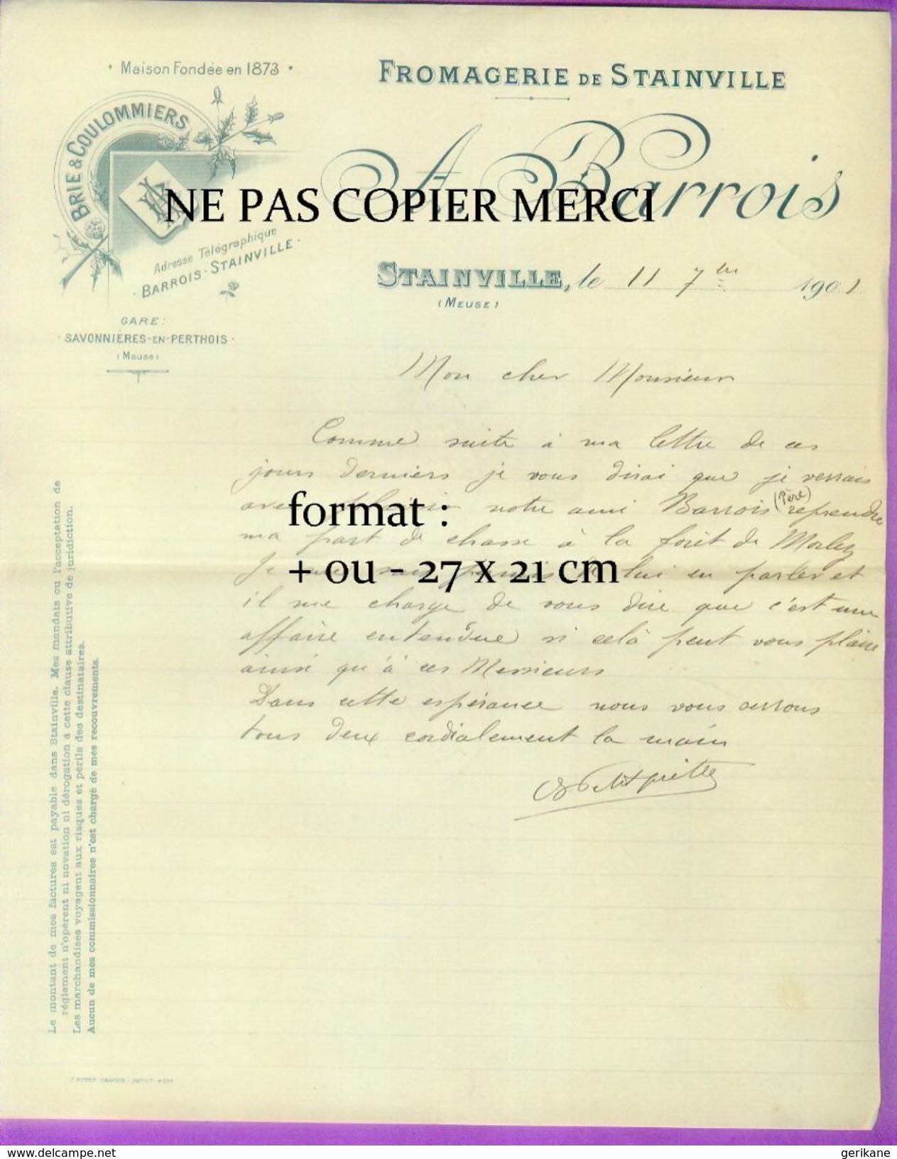 STAINVILLE MEUSE RARE 1901 Document Commercial Facture Lettre A Entete Fromagerie Brie Et Coulommiers Chasse à Morley - Alimentaire