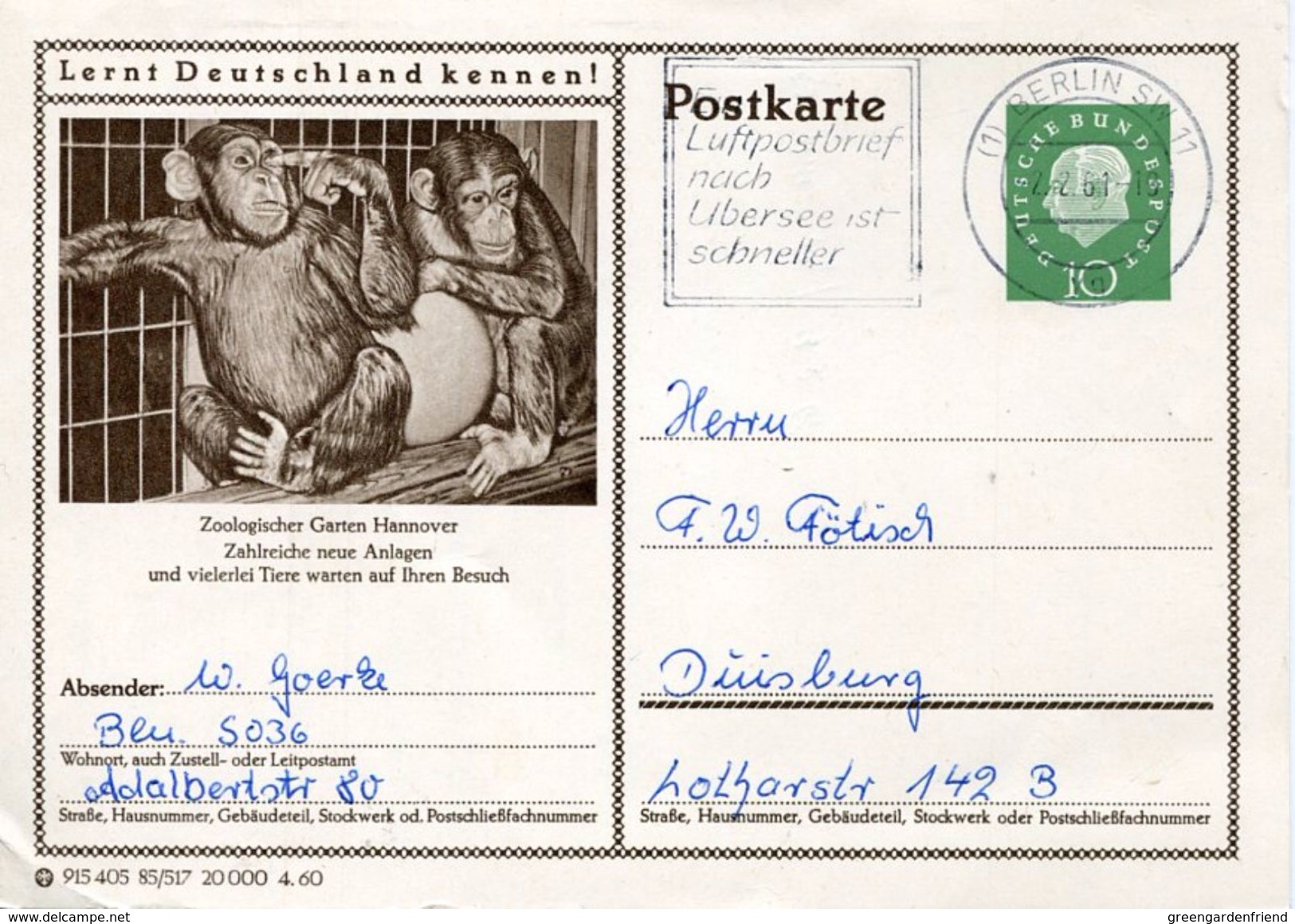 24155 Germany Stationery Card 1960 Circuled Showing Zoo Of Hannover, Monkeys  Affen Singes - Affen