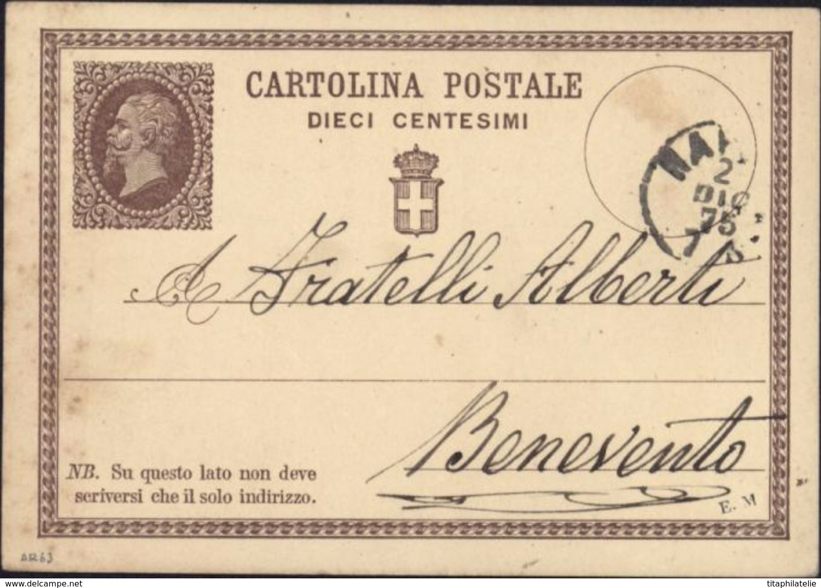 CP Dieci Centesimi I Entier Victor Emmanuel II Valeur Sur Carte Napoli Pour Benevento - Stamped Stationery